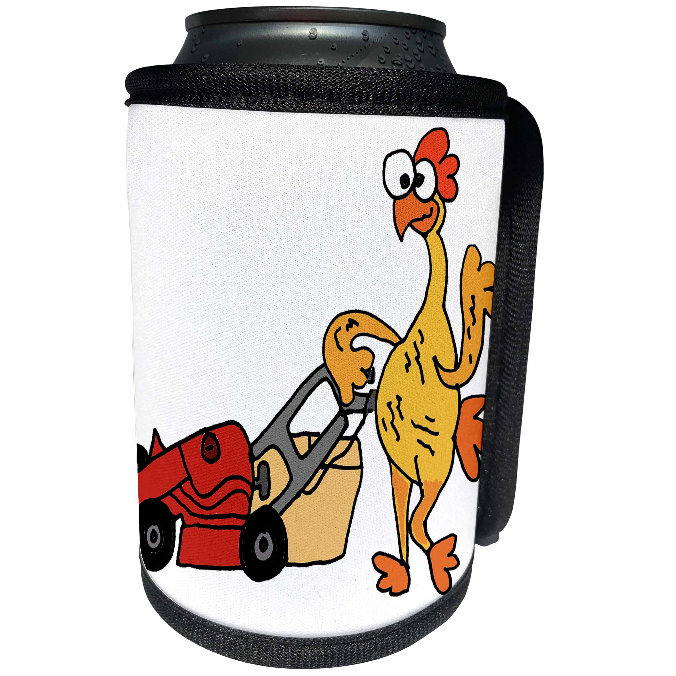 3dRose All Smiles Art Funny - Funny Rubber Chicken Mowing Lawn Cartoon - Can Cooler Bottle Wrap (cc_287992)