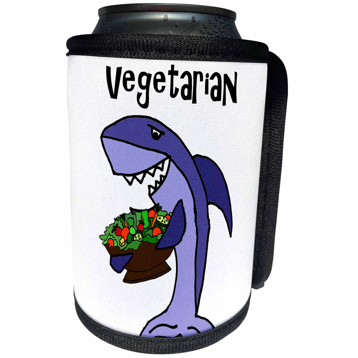 3dRose All Smiles Art at the Beach - Cute Funny Shark Vegetarian eating garden Salad Cartoon - Can Cooler Bottle Wrap (cc_288005)