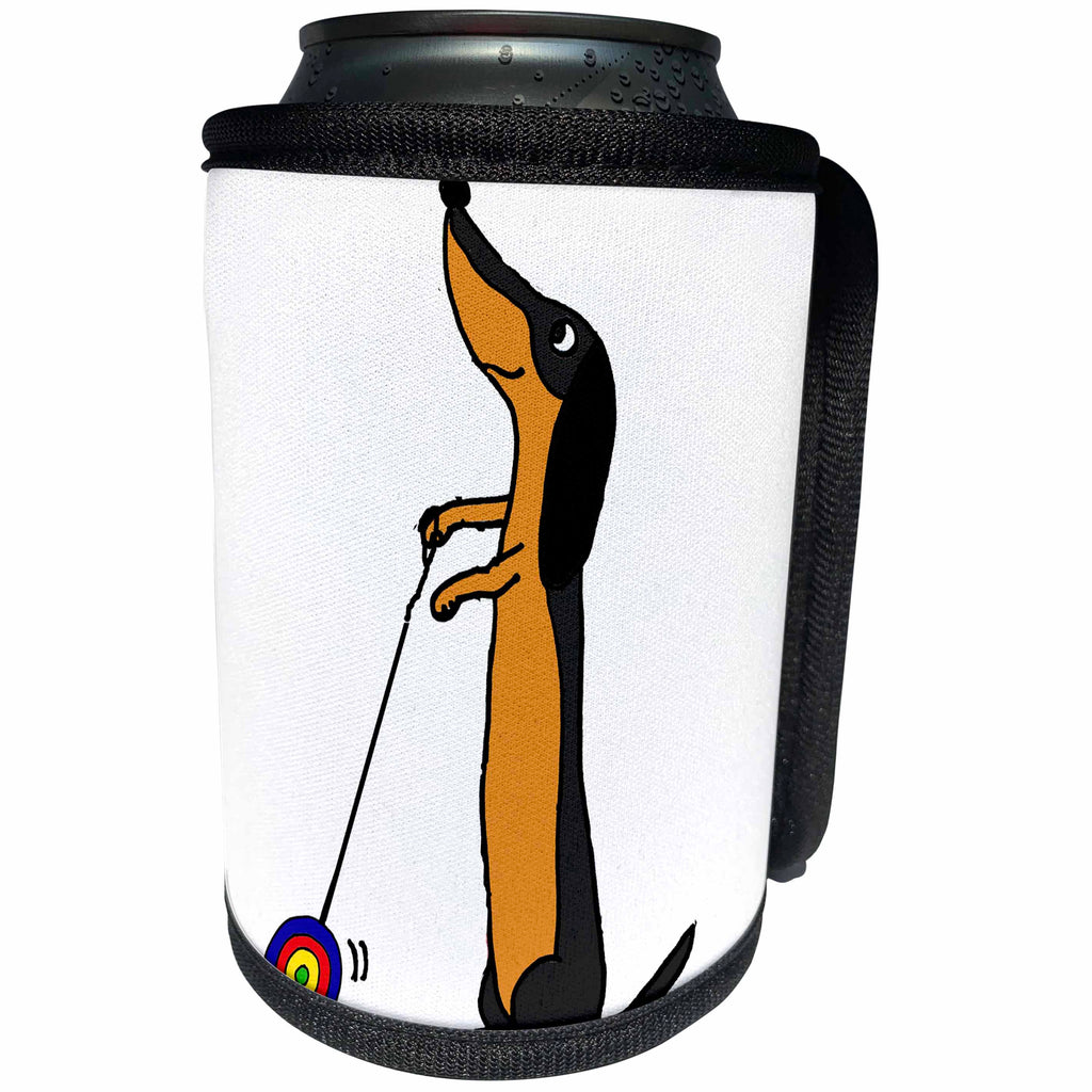 3dRose All Smiles Art Sports and Hobbies - Funny Dachshund Dog Playing with Yoyo Cartoon - Can Cooler Bottle Wrap (cc_288021)