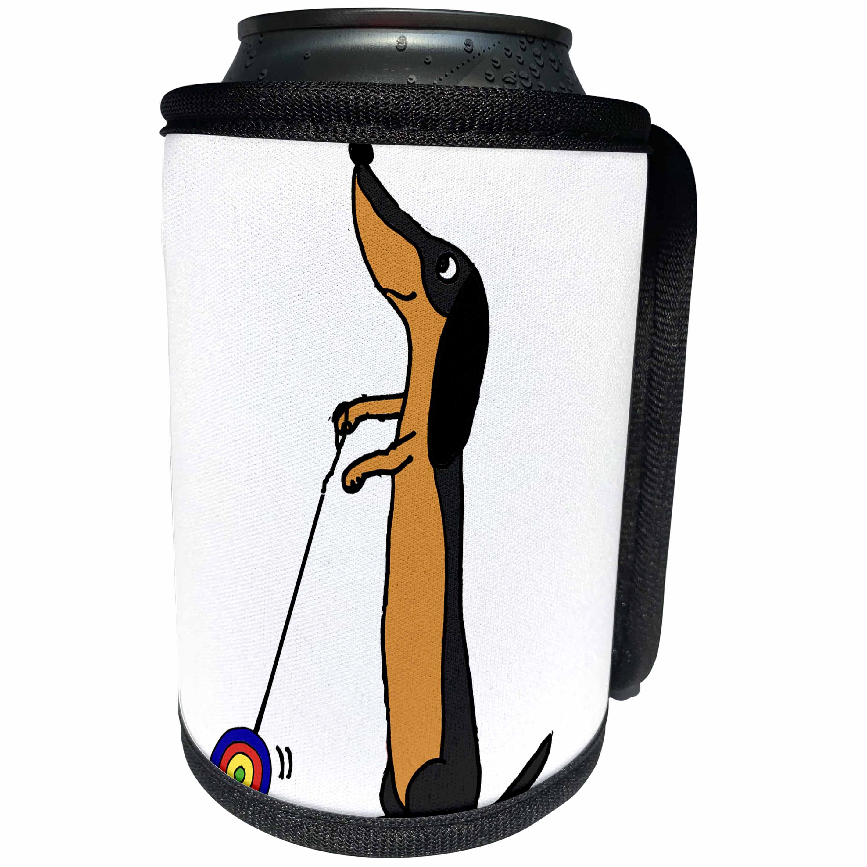 3dRose All Smiles Art Sports and Hobbies - Funny Dachshund Dog Playing with Yoyo Cartoon - Can Cooler Bottle Wrap (cc_288021)