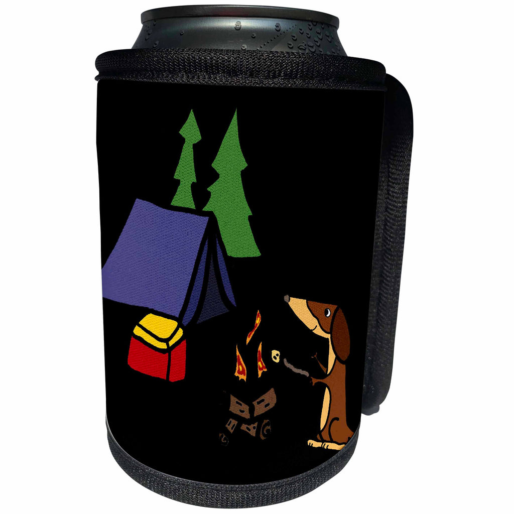 3dRose All Smiles Art Sports and Hobbies - Funny Dachshund Dog Camping Nature Cartoon - Can Cooler Bottle Wrap (cc_288022)