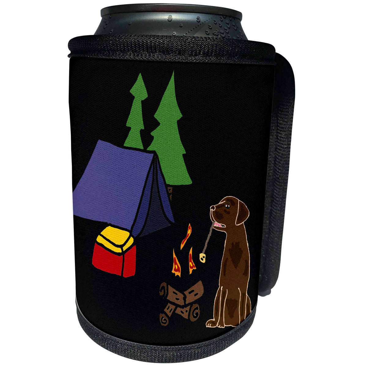 3dRose All Smiles Art Sports and Hobbies - Funny Labrador Retriever Dog Camping Nature Cartoon - Can Cooler Bottle Wrap (cc_288023)