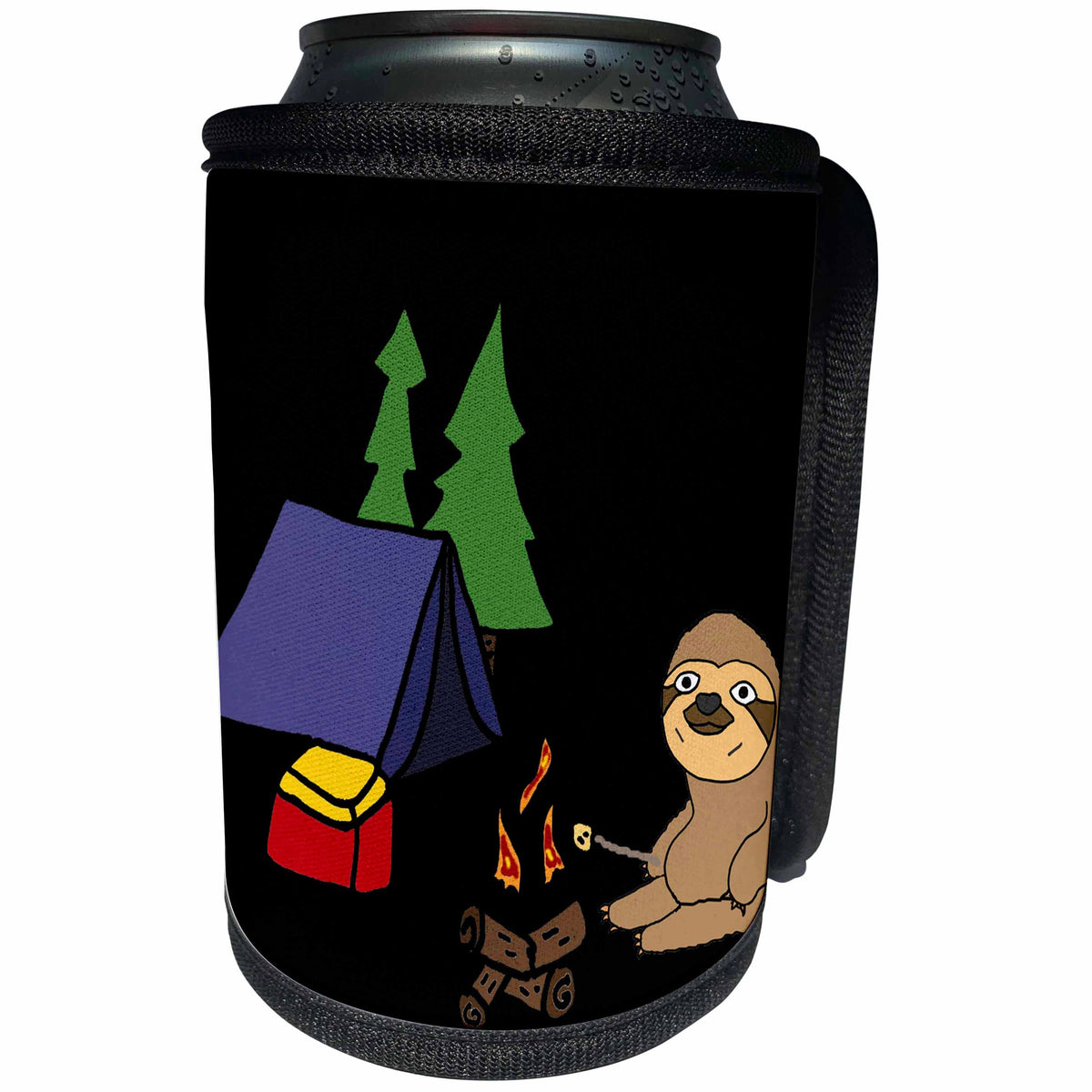 3dRose All Smiles Art Sports and Hobbies - Funny Sloth Roasting Marshmallows Camping Nature Cartoon - Can Cooler Bottle Wrap (cc_288025)