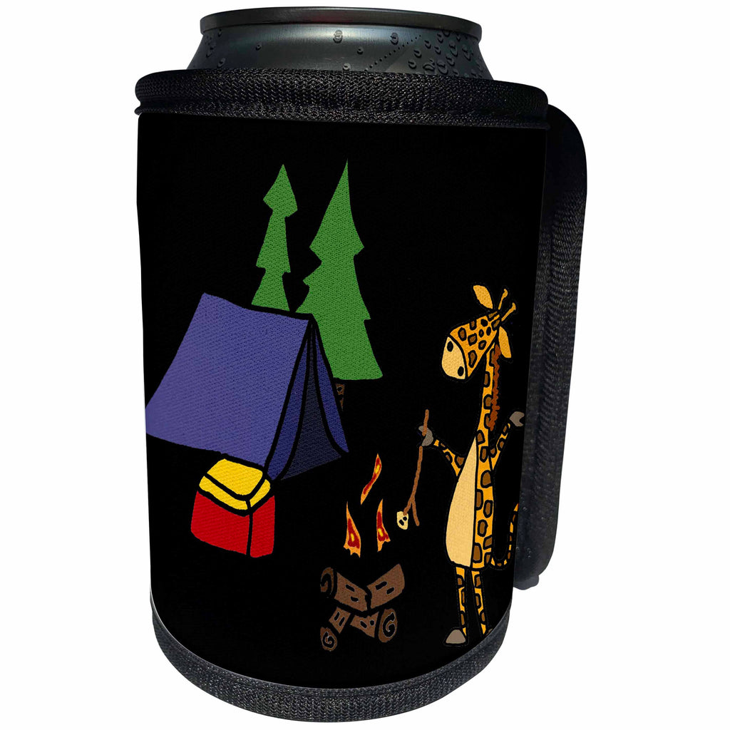 3dRose All Smiles Art Sports and Hobbies - Funny Giraffe Roasting marshmallows Camping Nature Cartoon - Can Cooler Bottle Wrap (cc_288027)