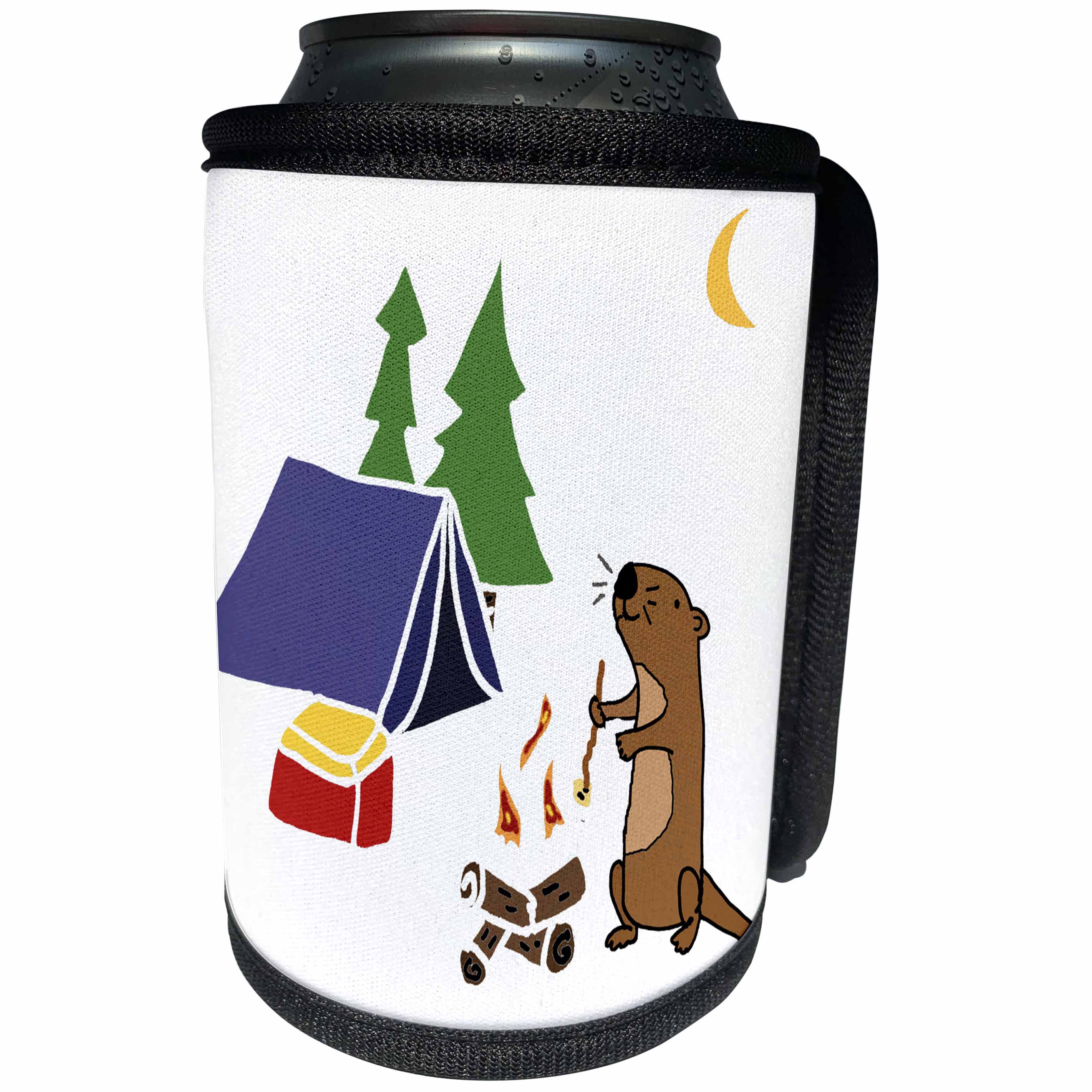 3dRose All Smiles Art Sports and Hobbies - Funny Sea Otter Roasting marshmallows Camping Cartoon - Can Cooler Bottle Wrap (cc_288028)