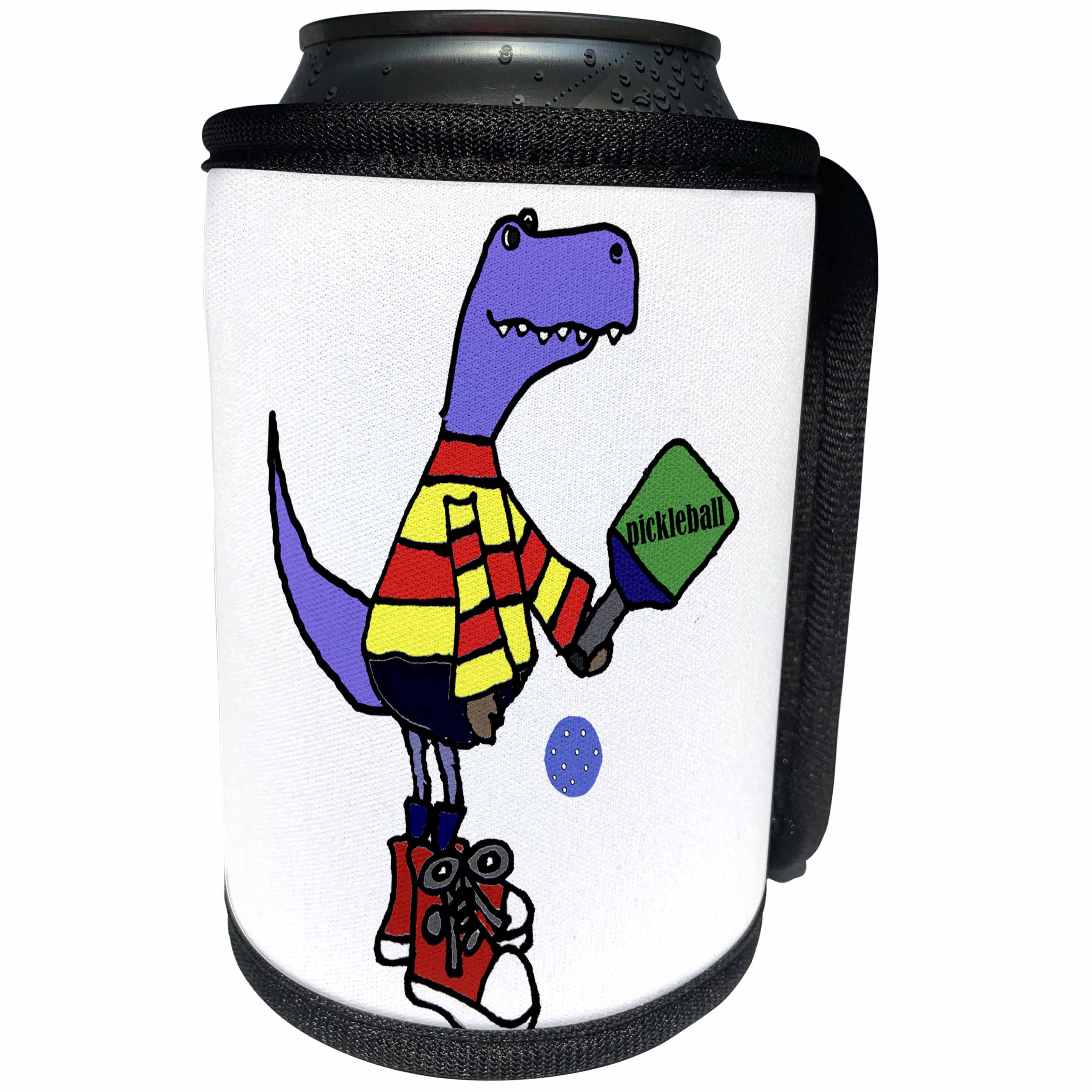 3dRose All Smiles Art Sports and Hobbies - Cute Funny T-rex Dinosaur Playing Pickleball Sport Cartoon - Can Cooler Bottle Wrap (cc_288029)
