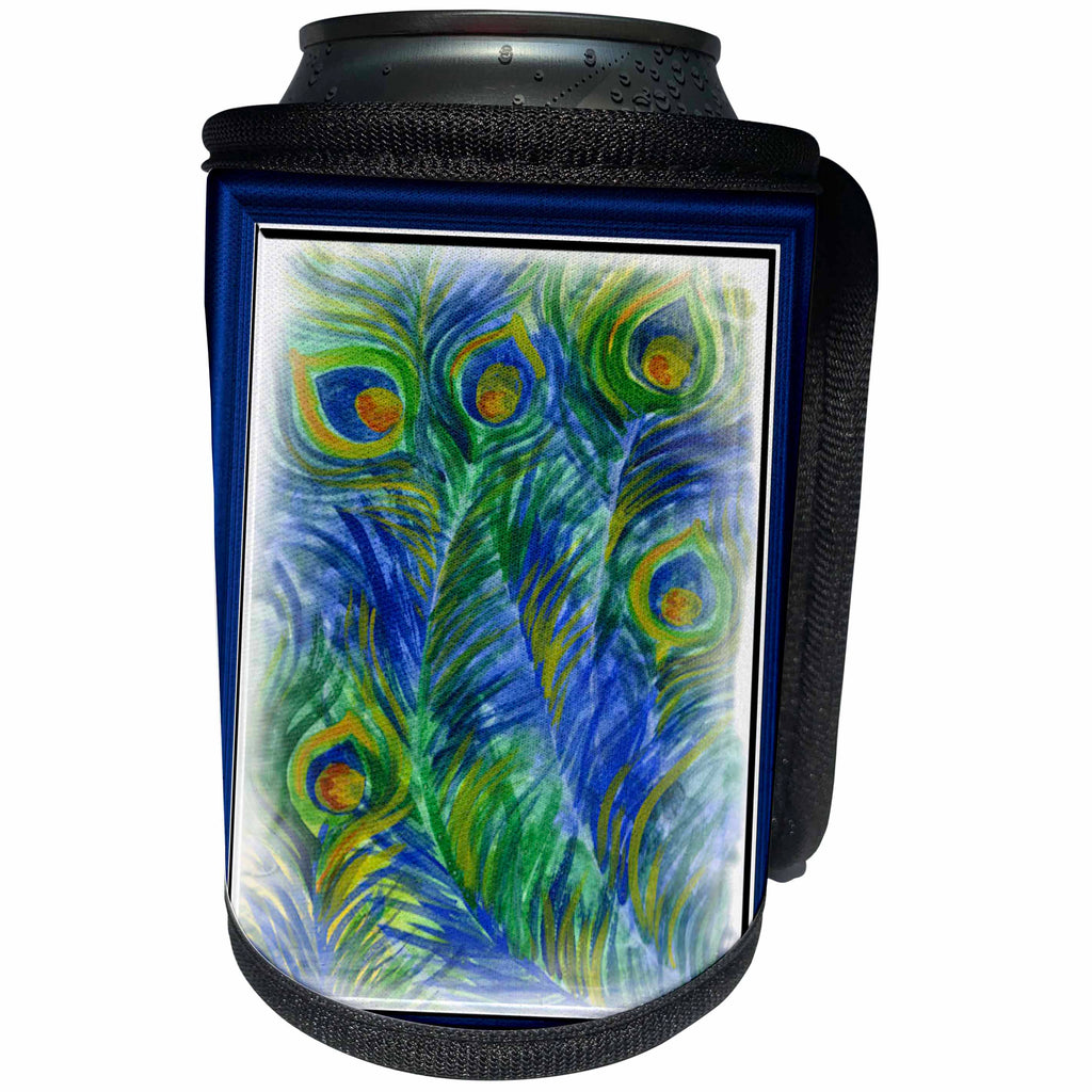 3dRose Susan Brown Designs General Themes - Peacock Feathers in Watercolors - Can Cooler Bottle Wrap (cc_28803)