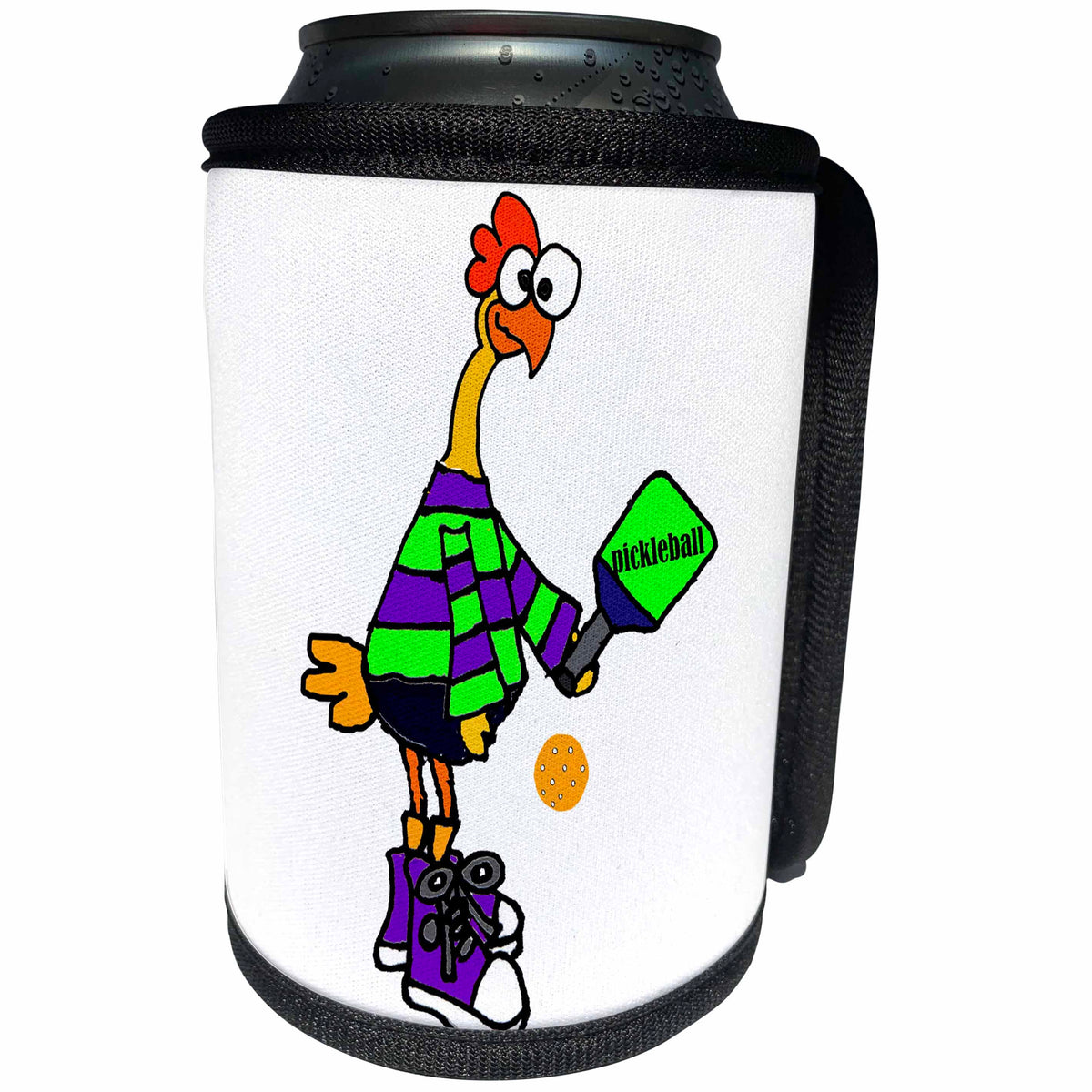 3dRose All Smiles Art Sports and Hobbies - Cute Funny Rubber Chicken Playing Pickleball Sport Cartoon - Can Cooler Bottle Wrap (cc_288030)