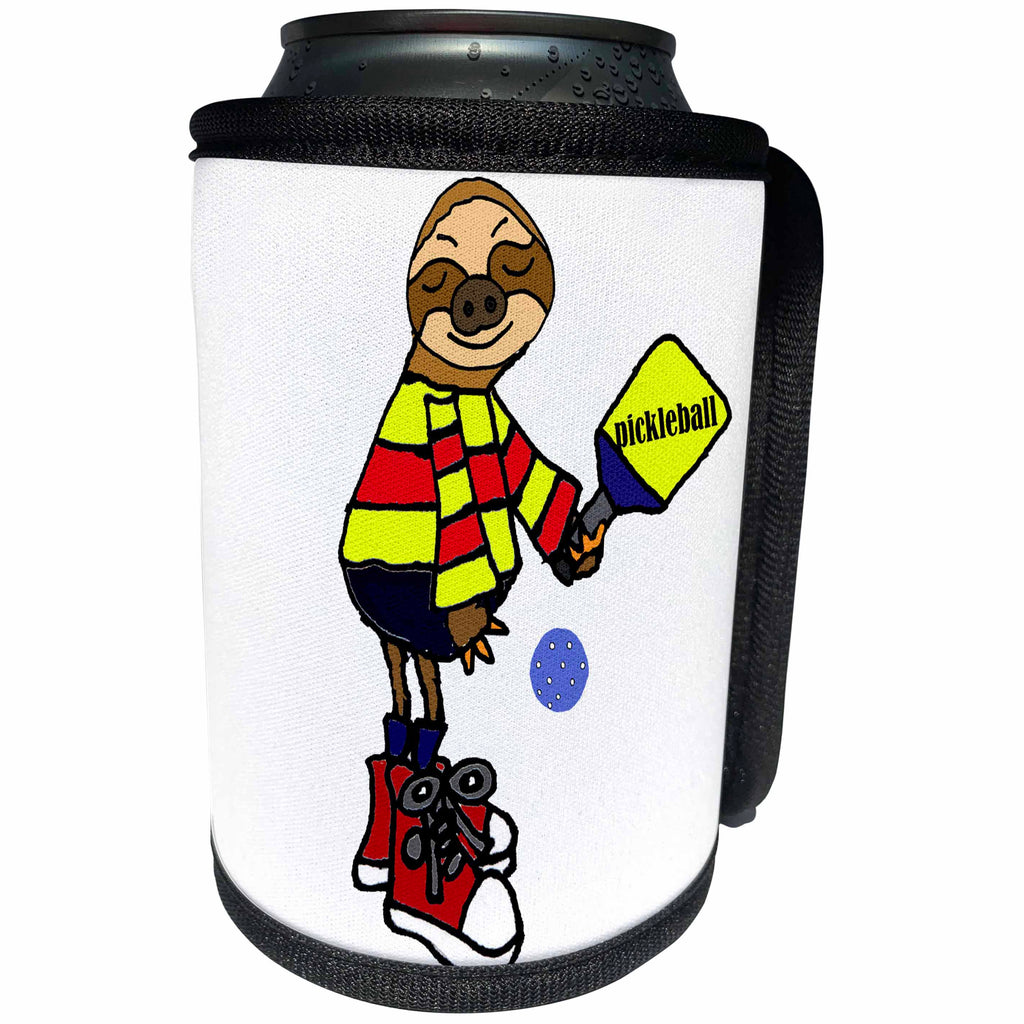 3dRose All Smiles Art Sports and Hobbies - Cute Funny Sloth Playing Pickleball Sport Cartoon - Can Cooler Bottle Wrap (cc_288032)