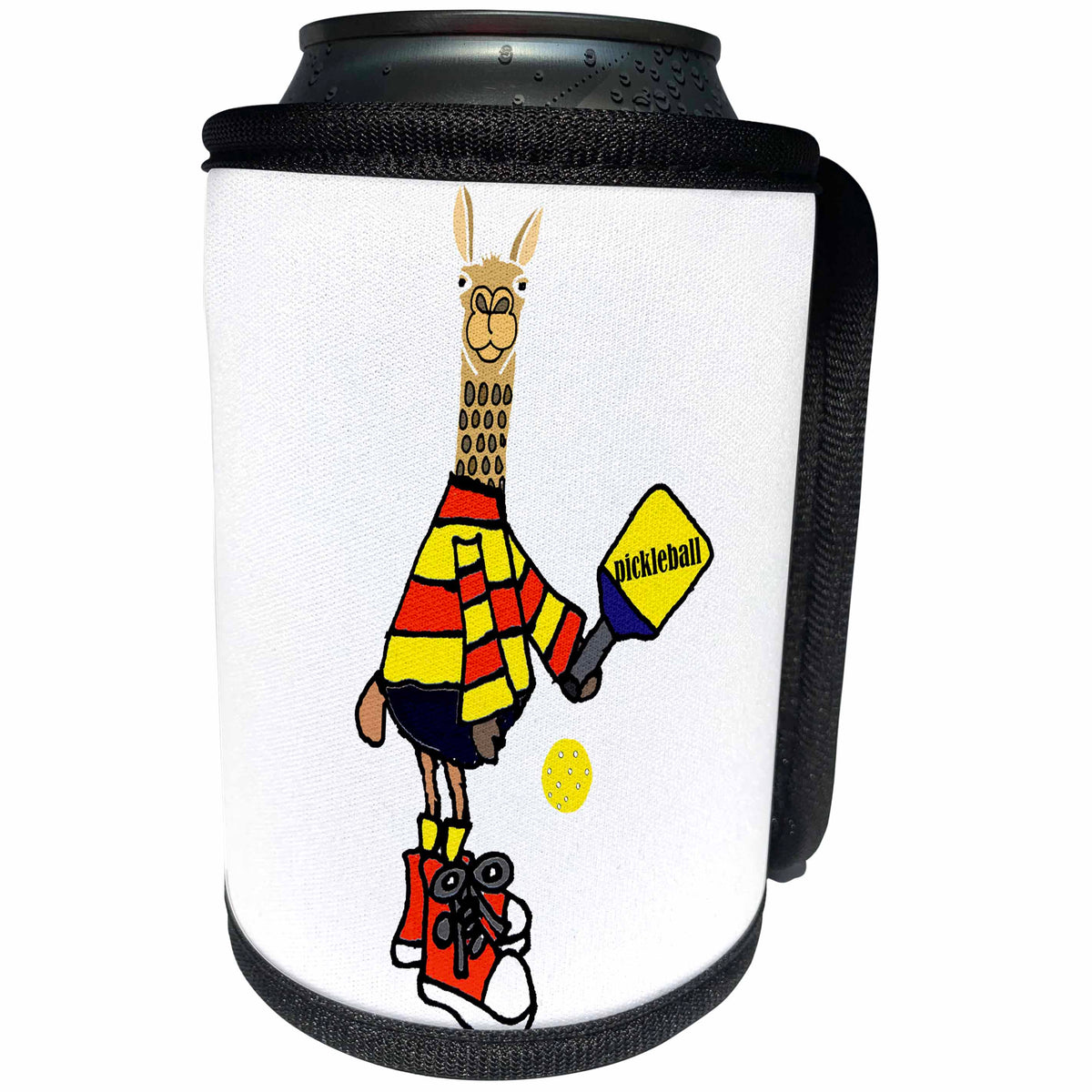 3dRose All Smiles Art Sports and Hobbies - Cute Funny Llama Playing Pickleball Sport Cartoon - Can Cooler Bottle Wrap (cc_288033)