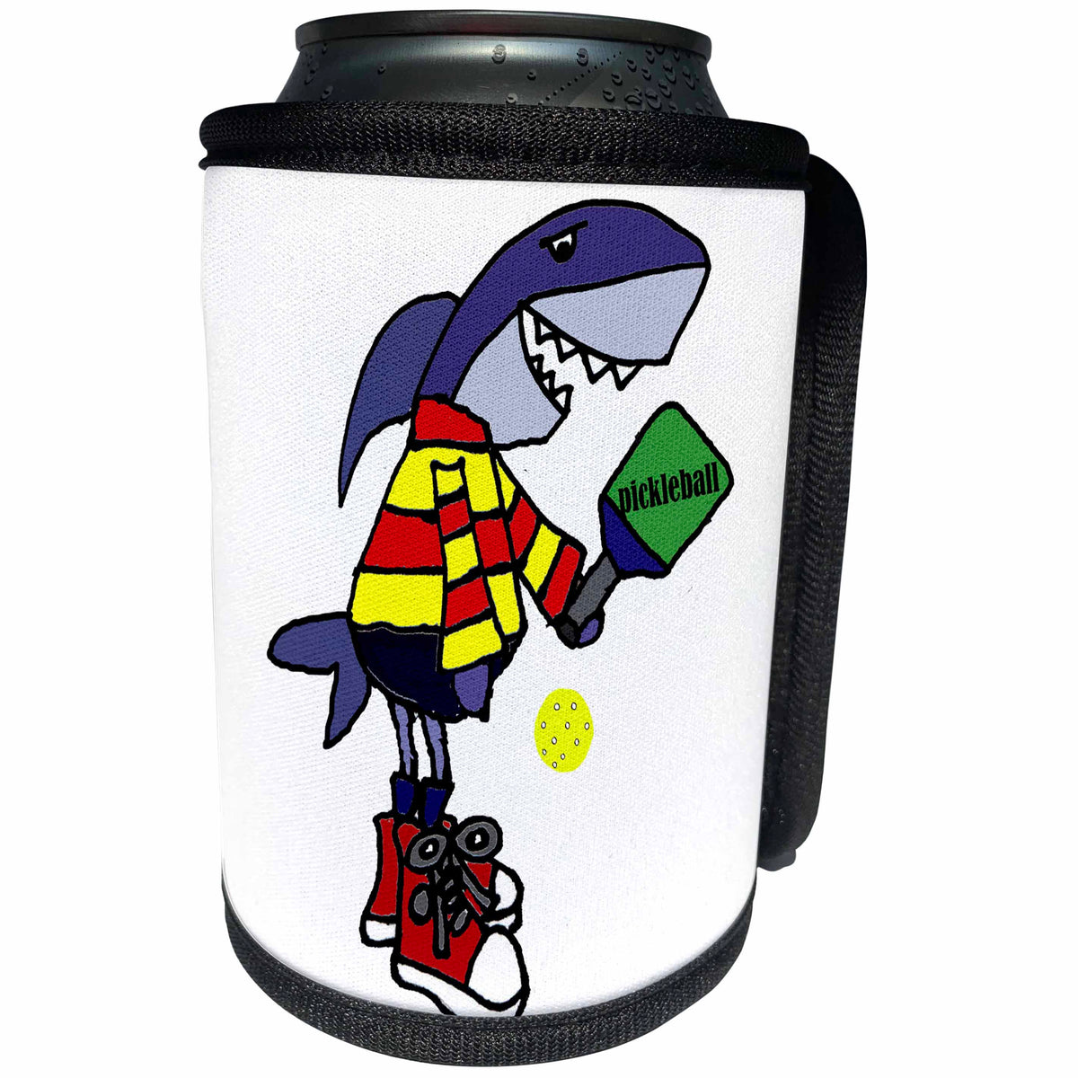 3dRose All Smiles Art Sports and Hobbies - Cute Funny Shark Playing Pickleball Sport Cartoon - Can Cooler Bottle Wrap (cc_288034)