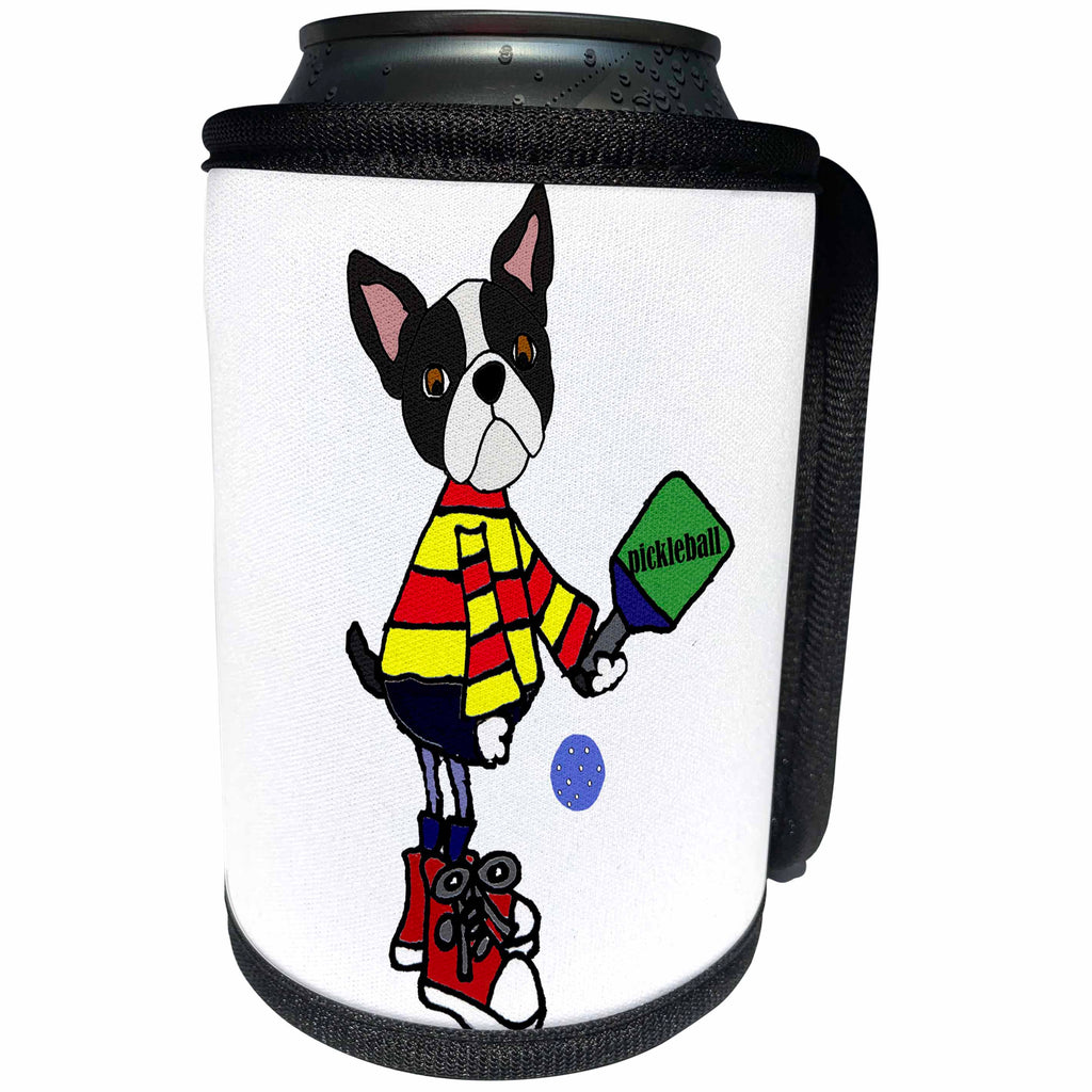3dRose All Smiles Art Sports and Hobbies - Funny Boston Terrier Dog Playing Pickleball Sport Cartoon - Can Cooler Bottle Wrap (cc_288037)