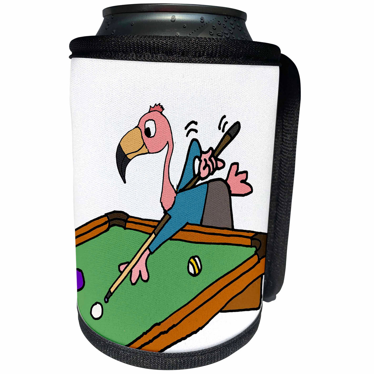 3dRose All Smiles Art Sports and Hobbies - Funny Pink Flamingo Bird Playing Pool Game cartoon - Can Cooler Bottle Wrap (cc_288053)