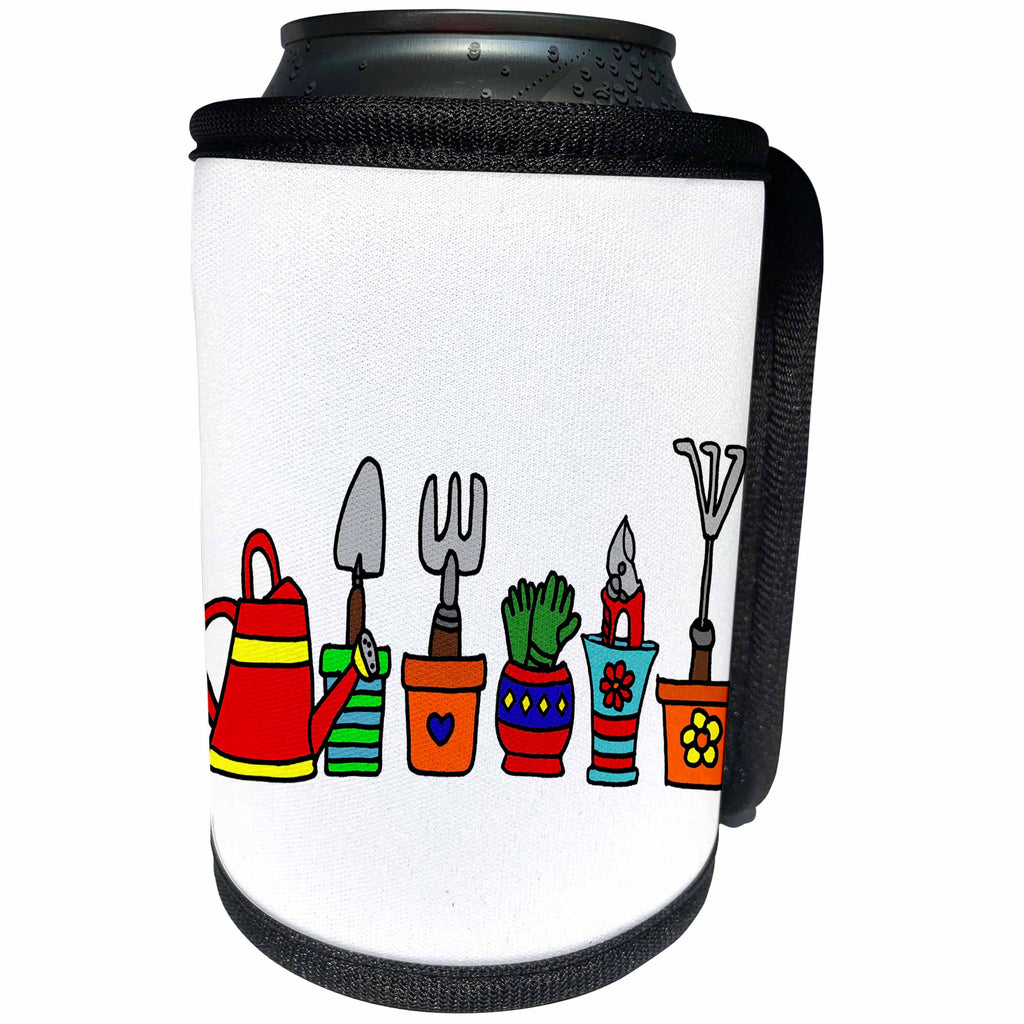 3dRose All Smiles Art Sports and Hobbies - Cute Gardening Tools in Flower pots Art Cartoon - Can Cooler Bottle Wrap (cc_288055)