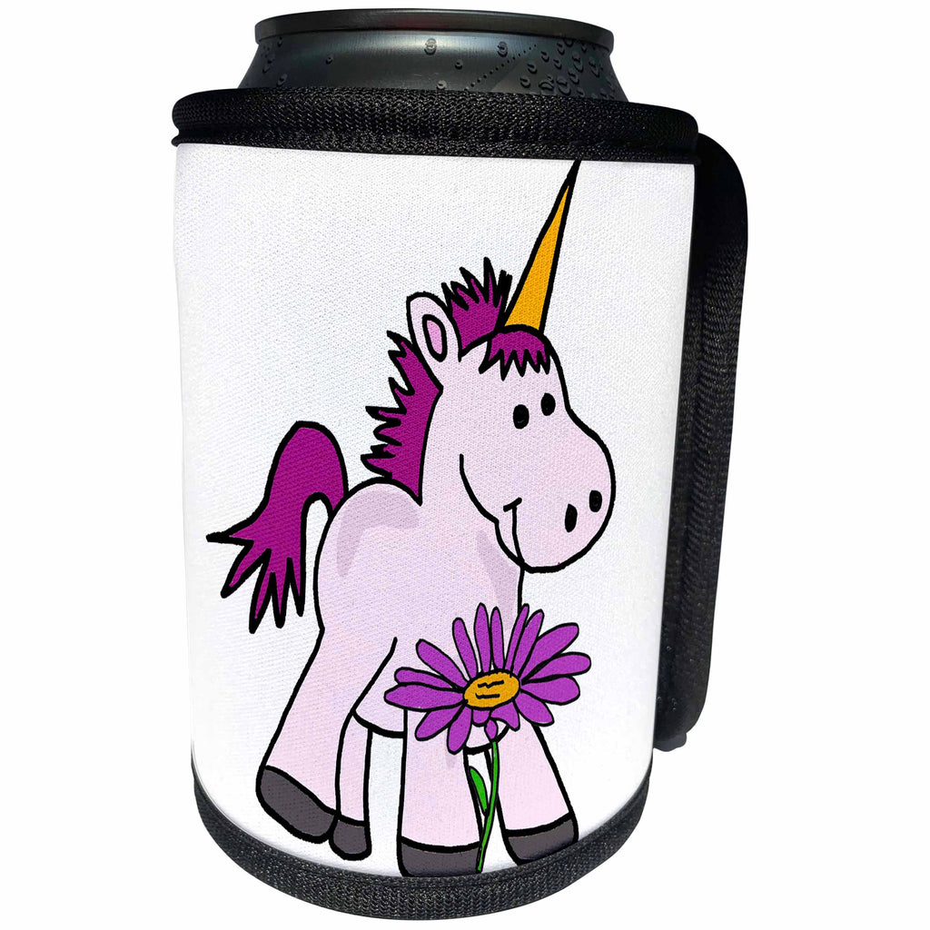 3dRose All Smiles Art Dragons and Unicorns - Cute Funny Baby Unicorn Holding Purple daisy Flower Cartoon - Can Cooler Bottle Wrap (cc_288060)