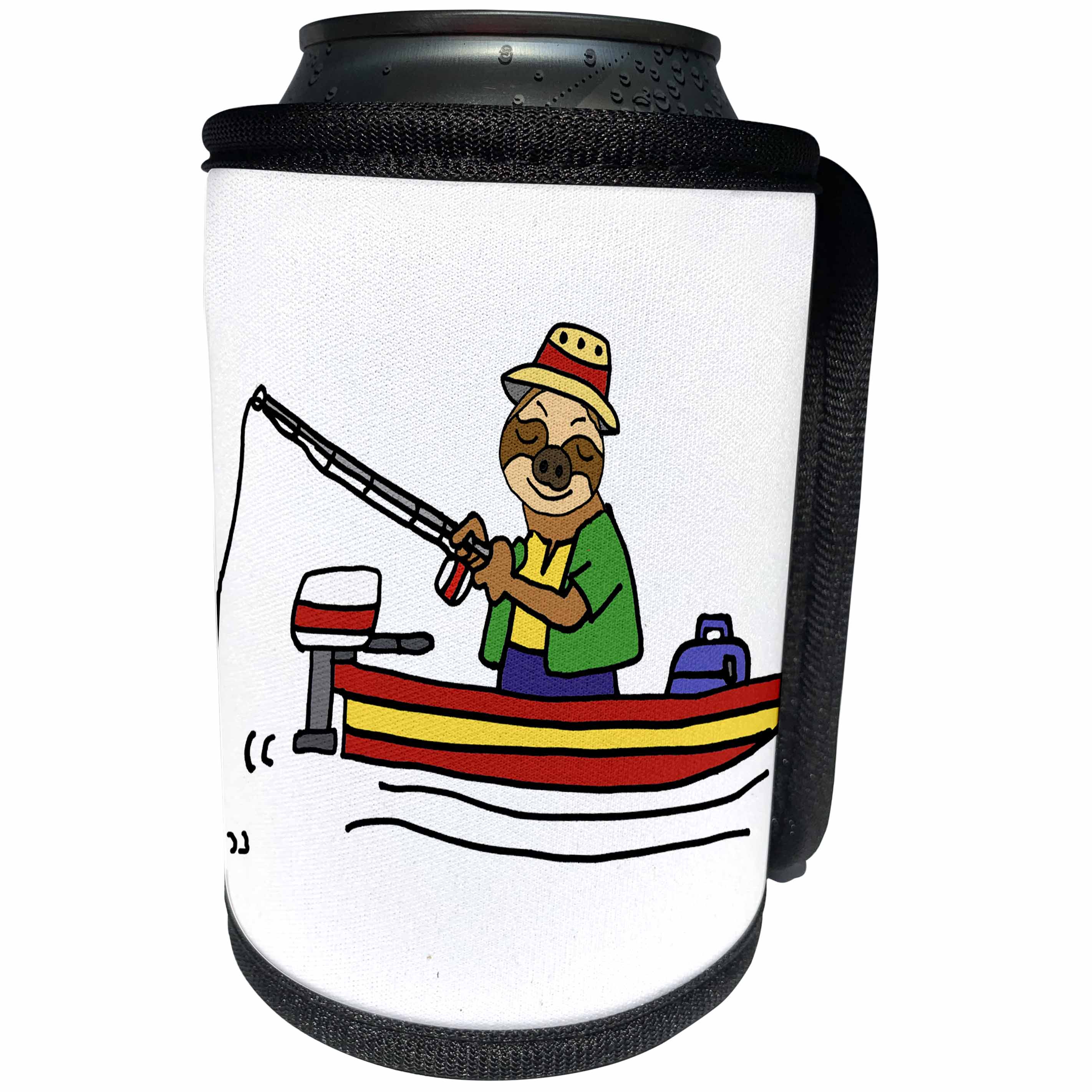 3dRose All Smiles Art Sports and Hobbies - Cute Funny Sloth Fishing in Fishing Boat Cartoon - Can Cooler Bottle Wrap (cc_288065)