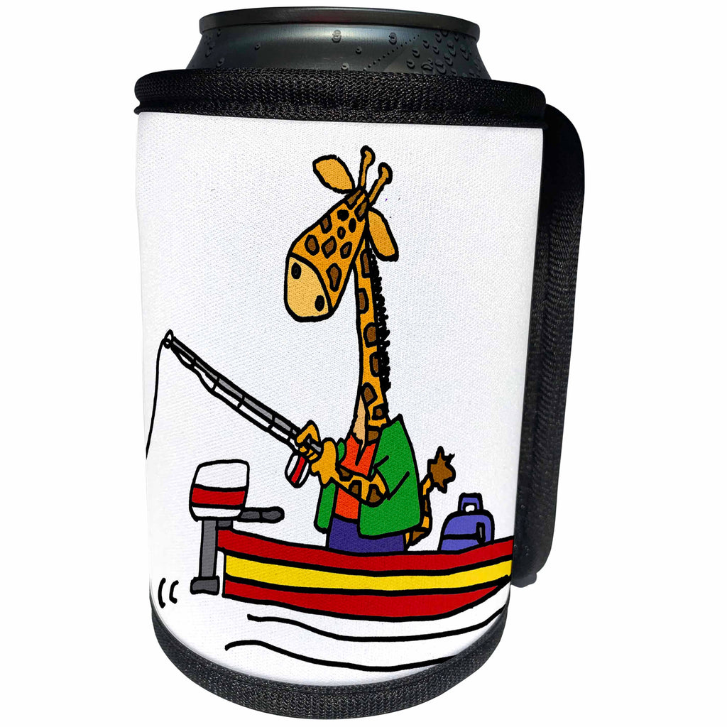 3dRose All Smiles Art Sports and Hobbies - Cute Funny Giraffe Fishing in Fishing Boat Cartoon - Can Cooler Bottle Wrap (cc_288066)
