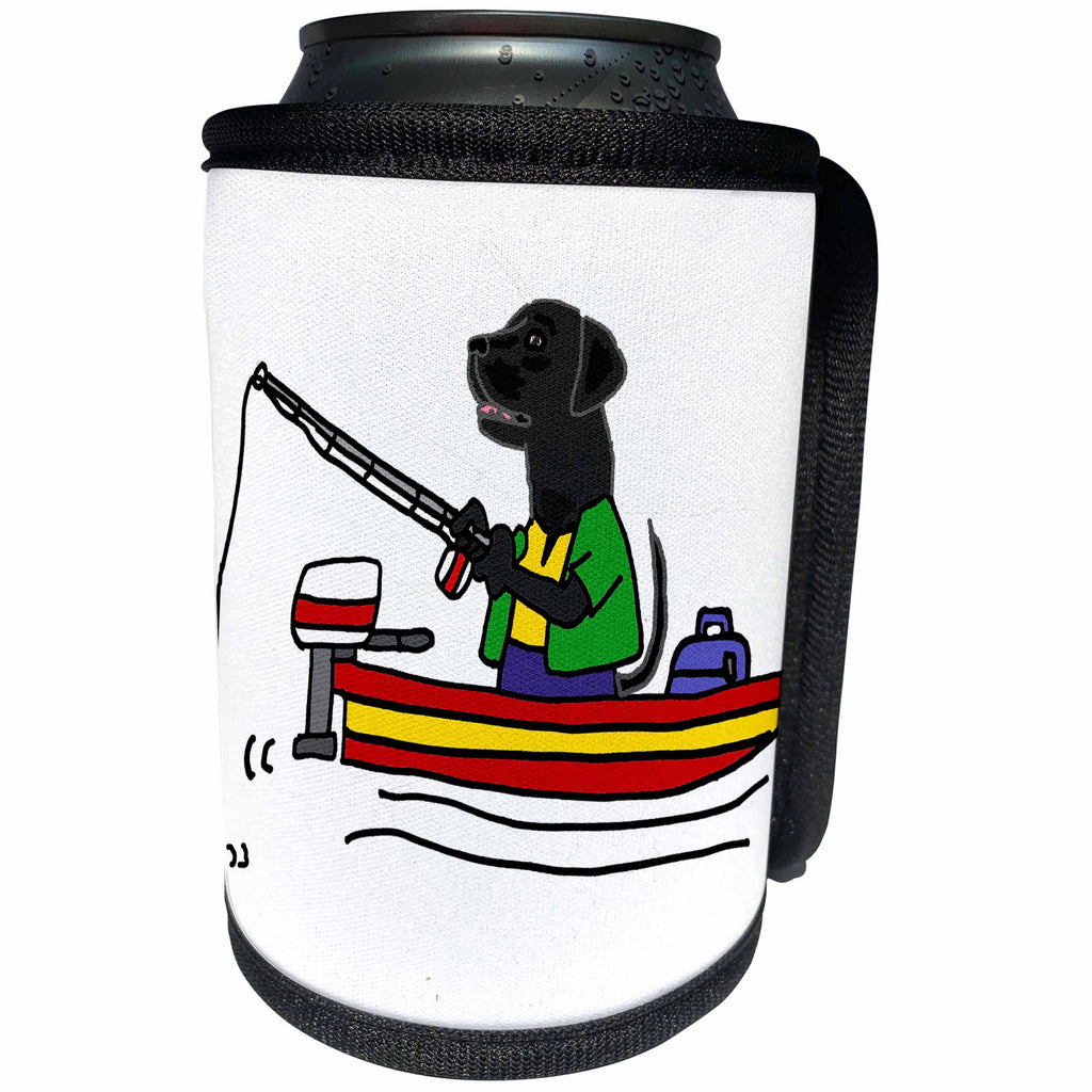 3dRose All Smiles Art Sports and Hobbies - Cute Funny Black Labrador Retriever Dog Fishing Cartoon - Can Cooler Bottle Wrap (cc_288068)