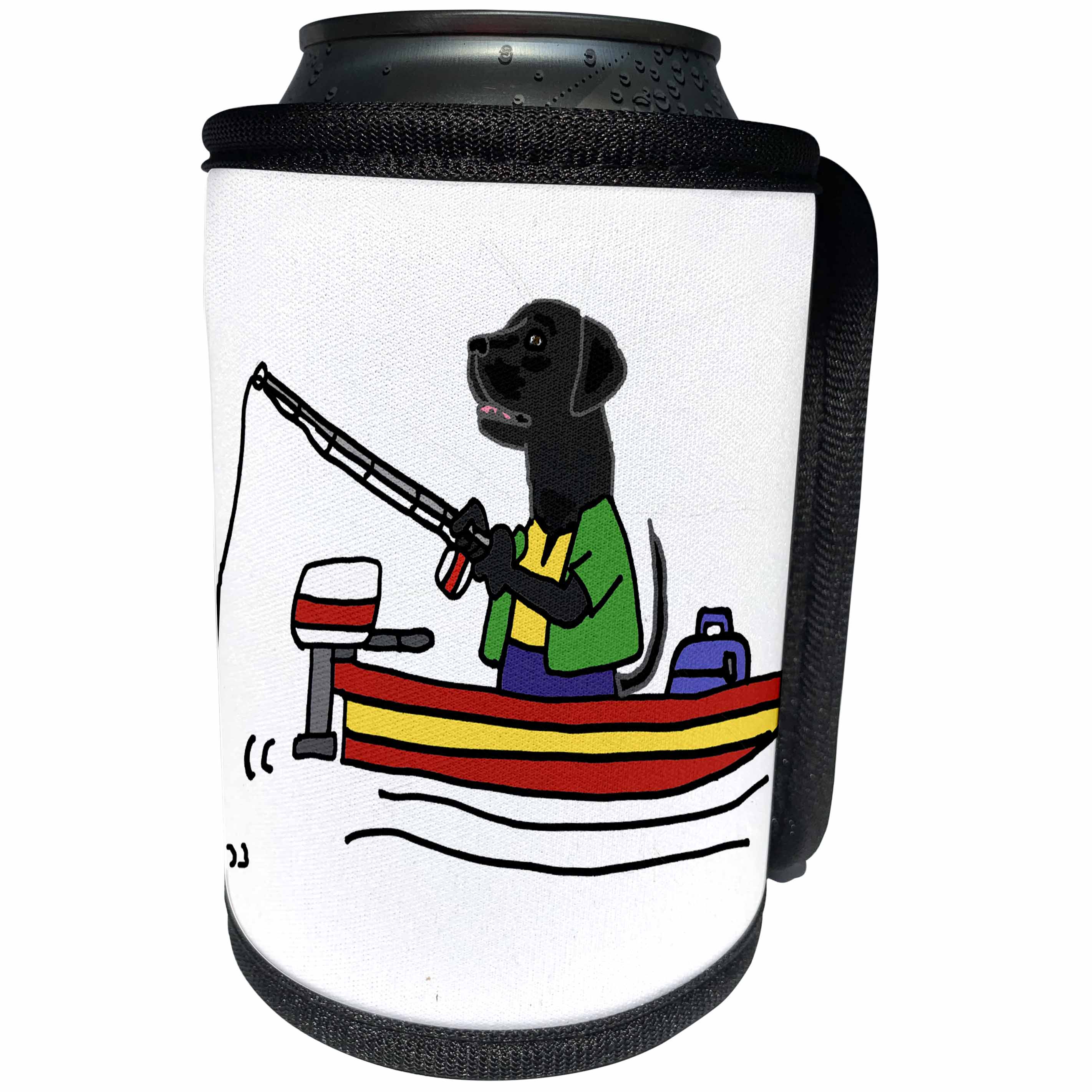 3dRose All Smiles Art Sports and Hobbies - Cute Funny Black Labrador Retriever Dog Fishing Cartoon - Can Cooler Bottle Wrap (cc_288068)