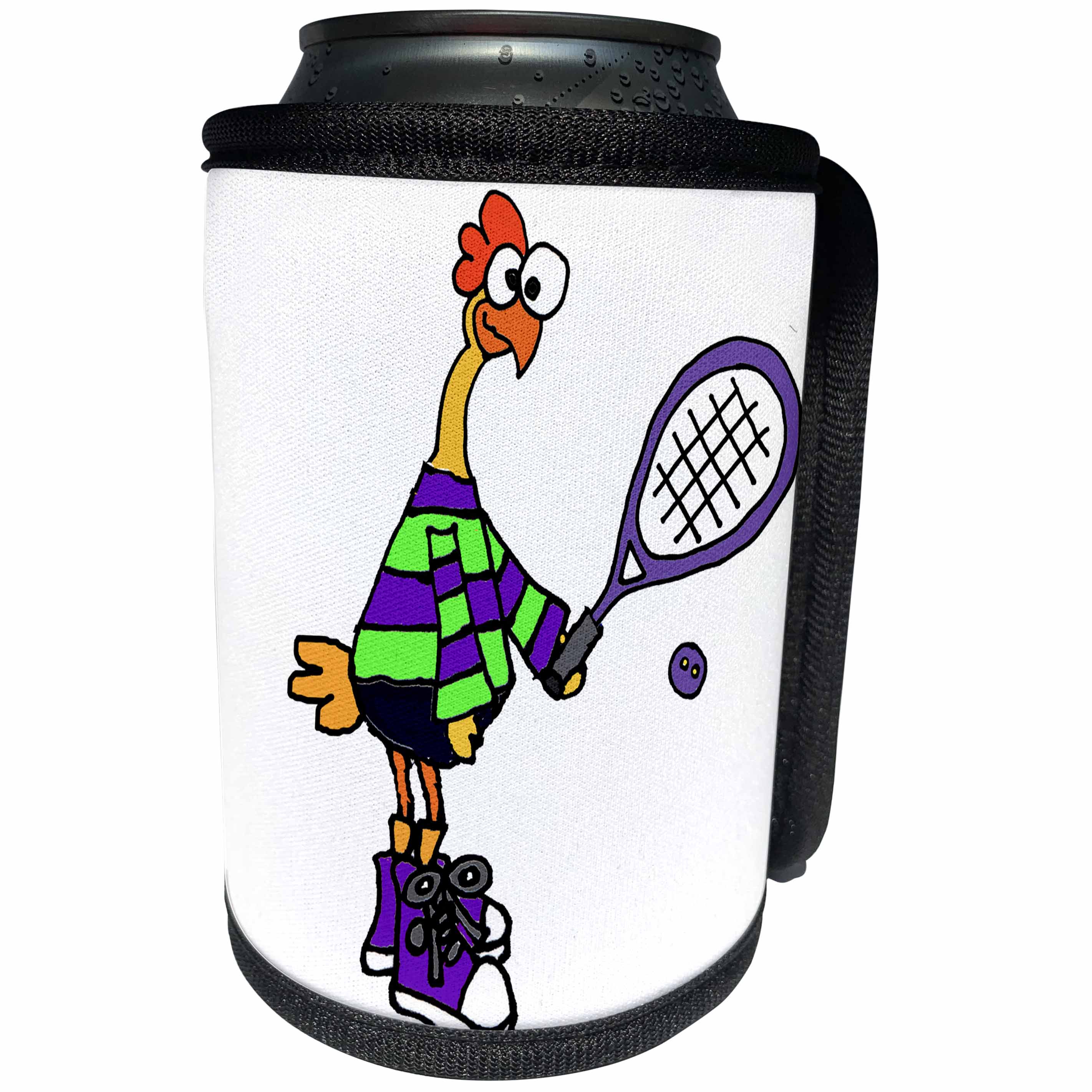 3dRose All Smiles Art Sports and Hobbies - Cute Funny Rubber Chicken Playing Squash Sport Cartoon - Can Cooler Bottle Wrap (cc_288075)