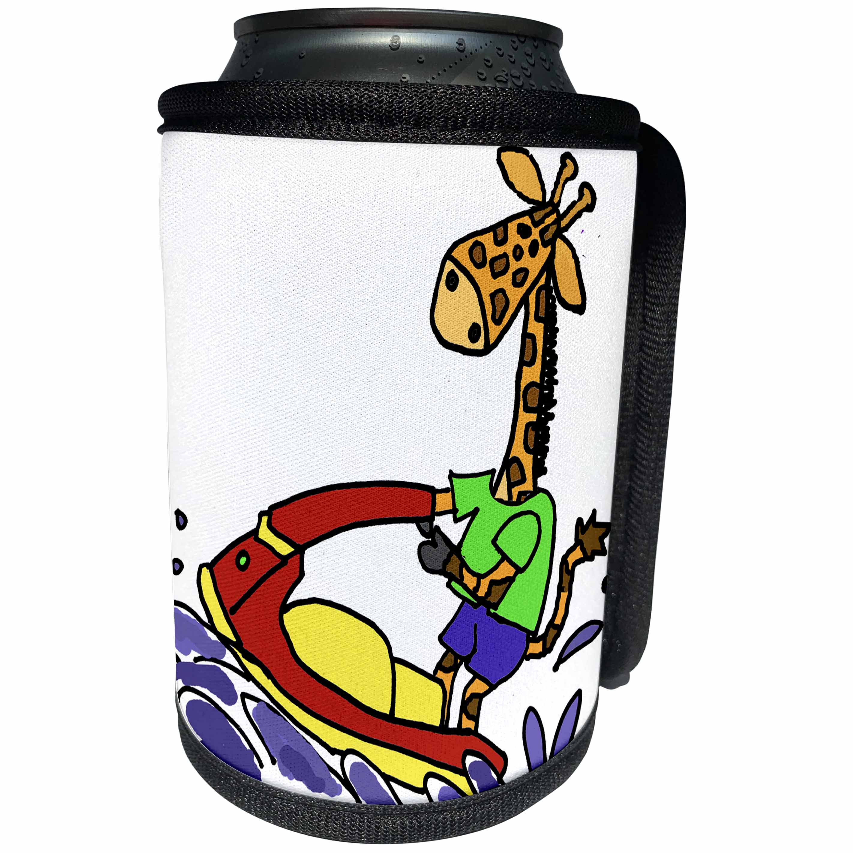3dRose All Smiles Art Sports and Hobbies - Cute Funny Giraffe Jet Skiing Beach cartoon - Can Cooler Bottle Wrap (cc_288083)