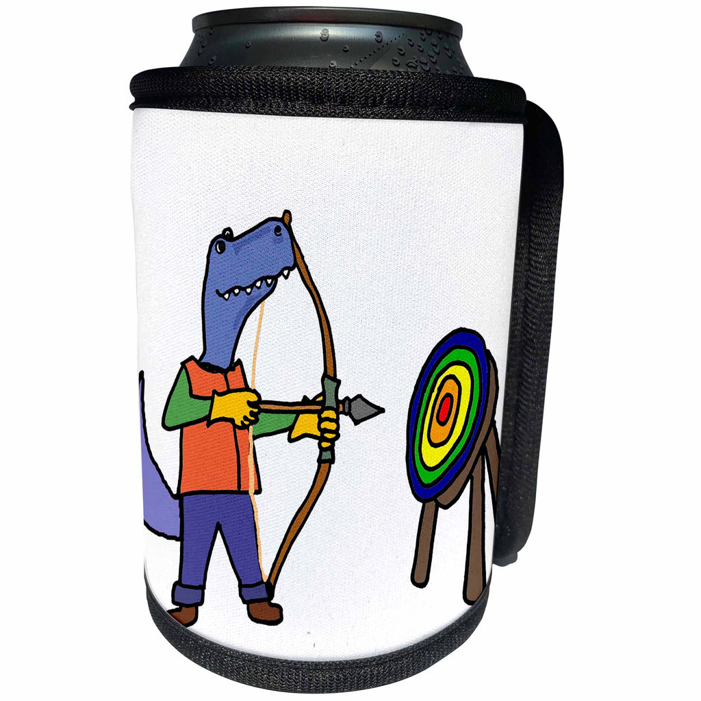 3dRose All Smiles Art Sports and Hobbies - Funny T-rex Dinosaur Practicing Archery with Bow and Arrow - Can Cooler Bottle Wrap (cc_288086)