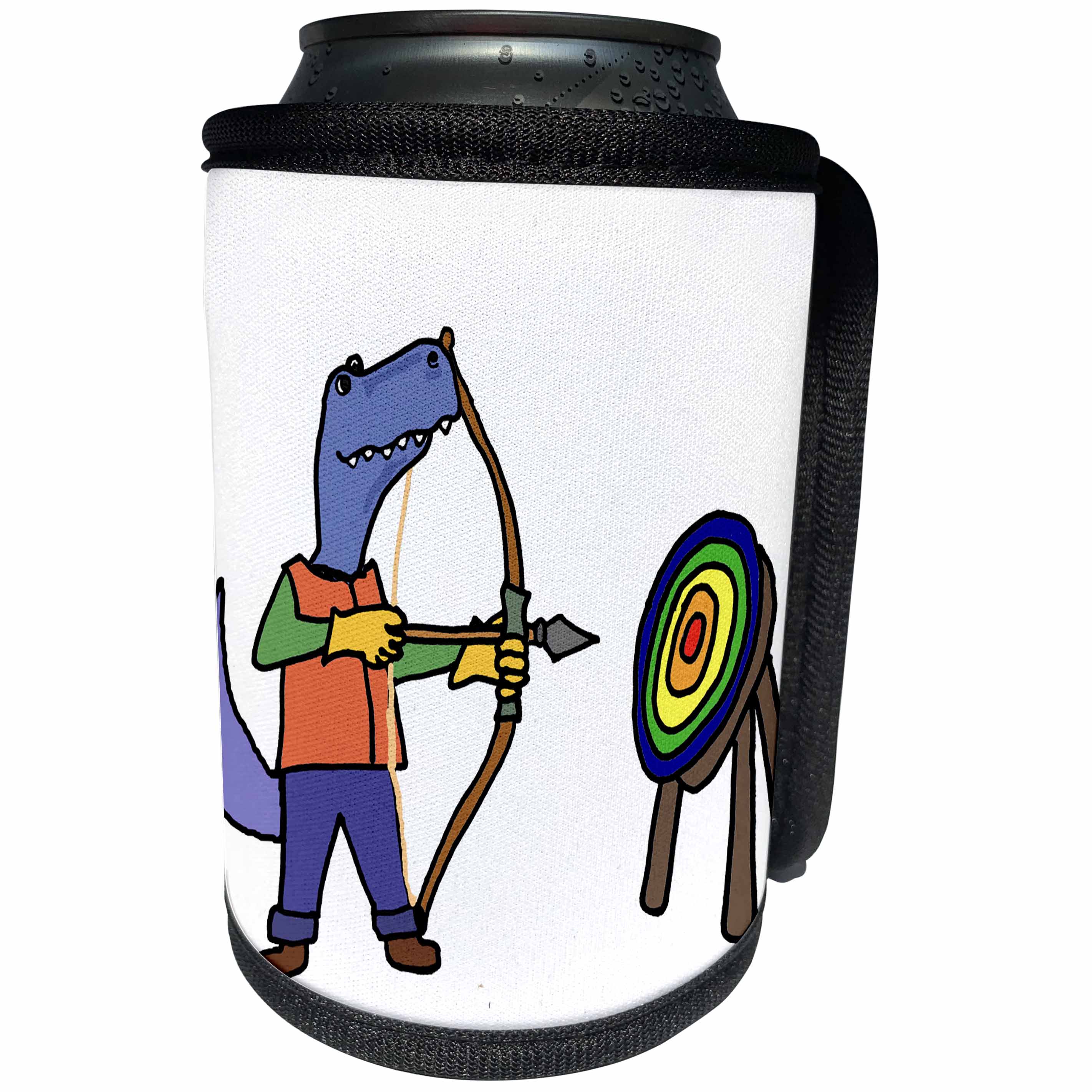 3dRose All Smiles Art Sports and Hobbies - Funny T-rex Dinosaur Practicing Archery with Bow and Arrow - Can Cooler Bottle Wrap (cc_288086)