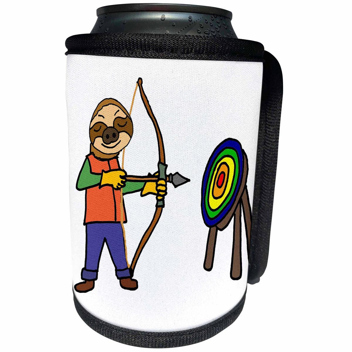 3dRose All Smiles Art Sports and Hobbies - Funny Sloth Practicing Archery with Bow and Arrow - Can Cooler Bottle Wrap (cc_288090)