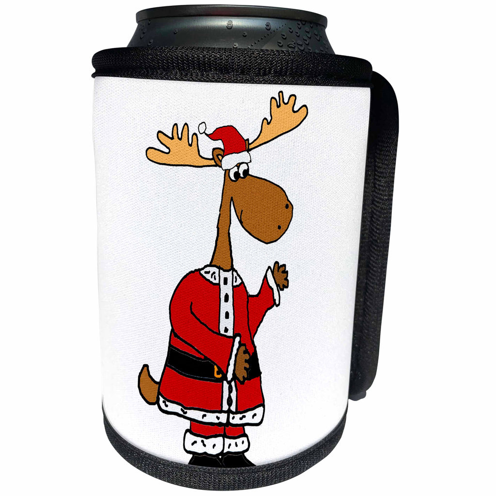 3dRose All Smiles Art Holidays - Funny Moose Dressed as Santa Claus Christmas Cartoon - Can Cooler Bottle Wrap (cc_288094)
