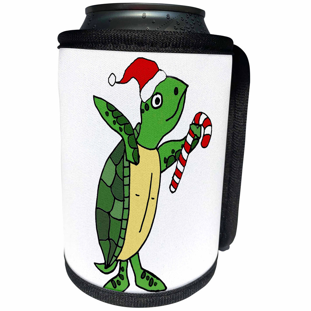 3dRose All Smiles Art Holidays - Funny Sea Turtle in Santa hat with Candy Cane Christmas - Can Cooler Bottle Wrap (cc_288098)