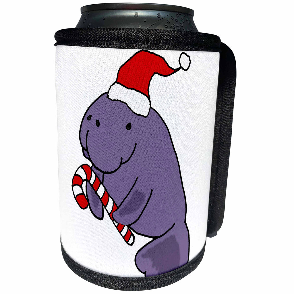 3dRose All Smiles Art Holidays - Funny Manatee in Santa hat with Candy Cane Christmas - Can Cooler Bottle Wrap (cc_288100)