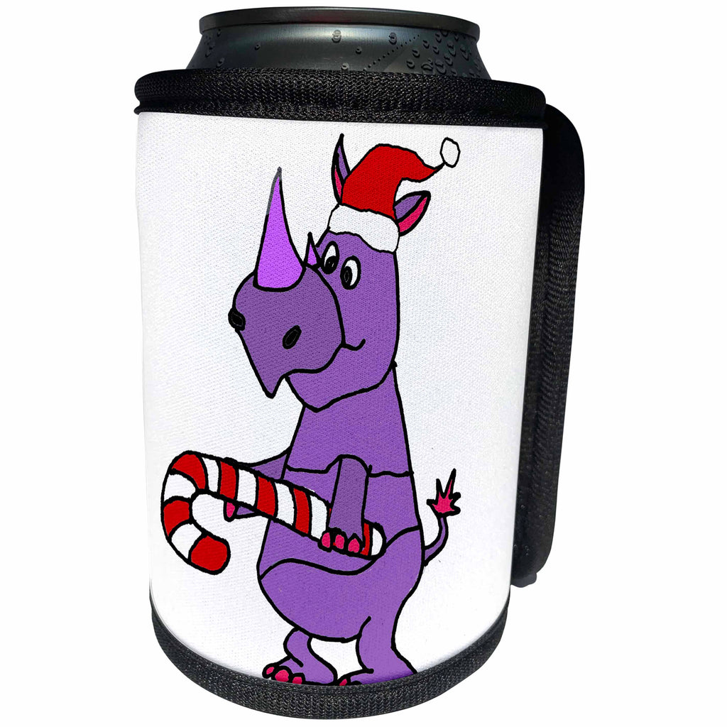 3dRose All Smiles Art Holidays - Funny Rhino in Santa hat with Candy Cane Christmas - Can Cooler Bottle Wrap (cc_288102)
