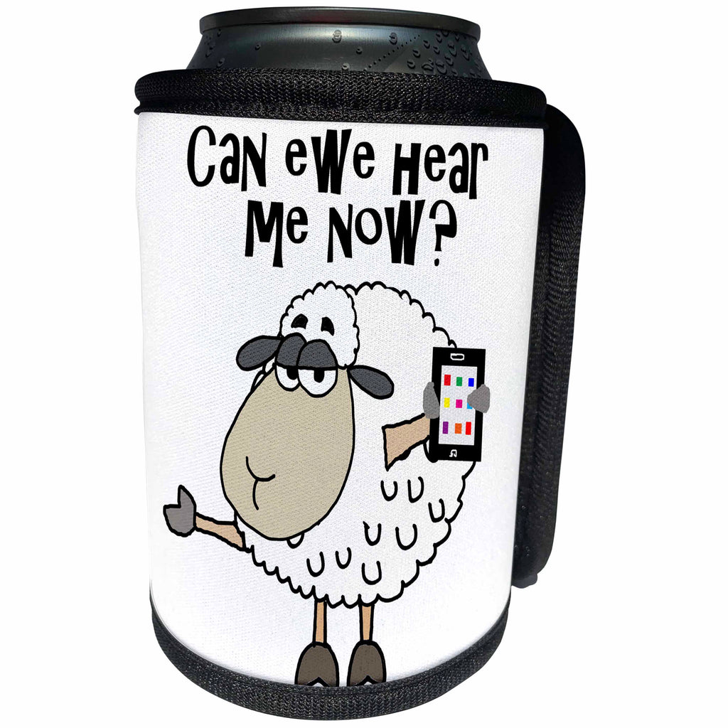 3dRose All Smiles Art Funny - Cute Funny Sheep on Cell Phone Pun Can Ewe Hear me now - Can Cooler Bottle Wrap (cc_288107)