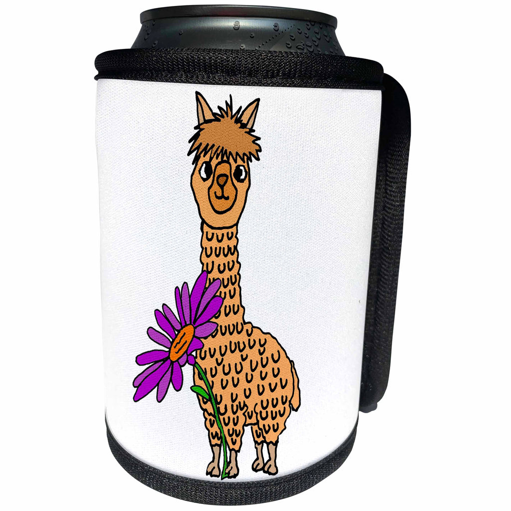 3dRose All Smiles Art Animals - Cute Funny Alpaca with Purple Daisy Flower Cartoon - Can Cooler Bottle Wrap (cc_288111)