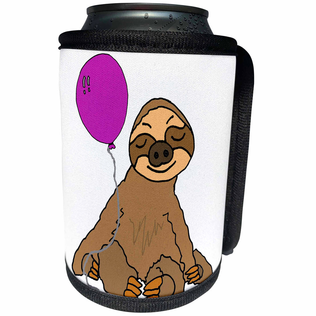 3dRose All Smiles Art Animals - Funny Sloth with Purple Balloon Cartoon - Can Cooler Bottle Wrap (cc_288116)