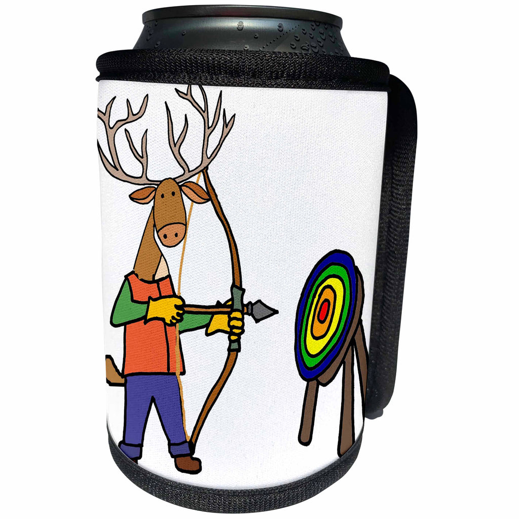 3dRose All Smiles Art Sports and Hobbies - Funny Buck Deer Practicing Archery with Bow and Arrow - Can Cooler Bottle Wrap (cc_288117)