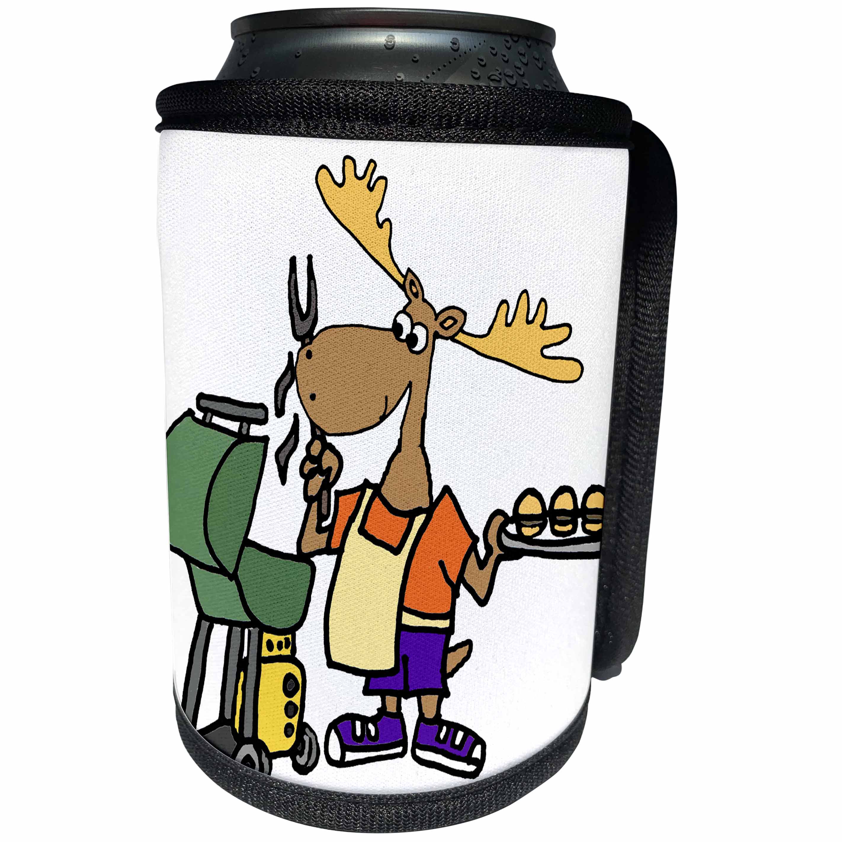 3dRose All Smiles Art Sports and Hobbies - Funny Moose Grilling Hamburgers Cartoon - Can Cooler Bottle Wrap (cc_288122)