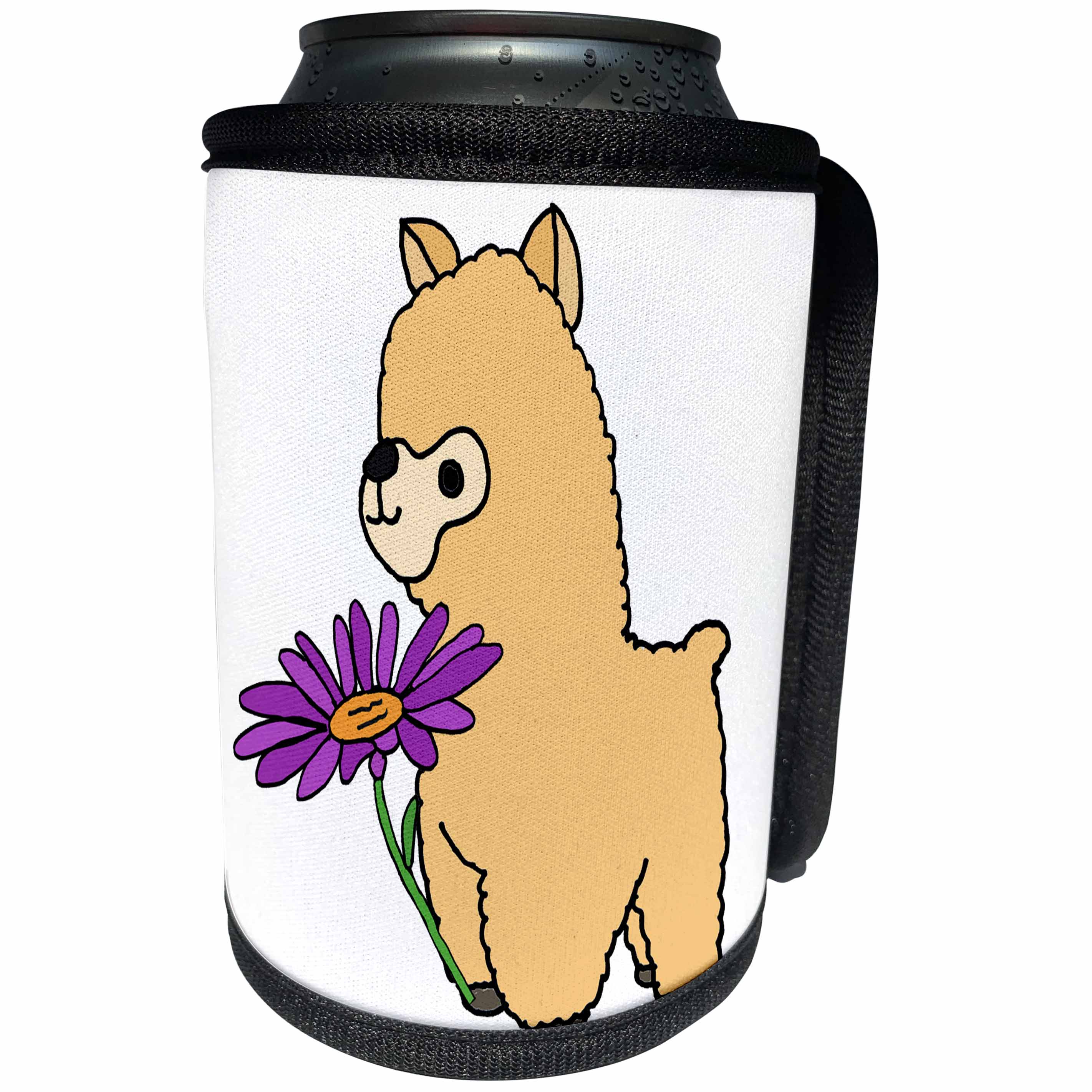 3dRose All Smiles Art Animals - Funny Cute Alpaca with Purple Daidy Flower - Can Cooler Bottle Wrap (cc_288129)