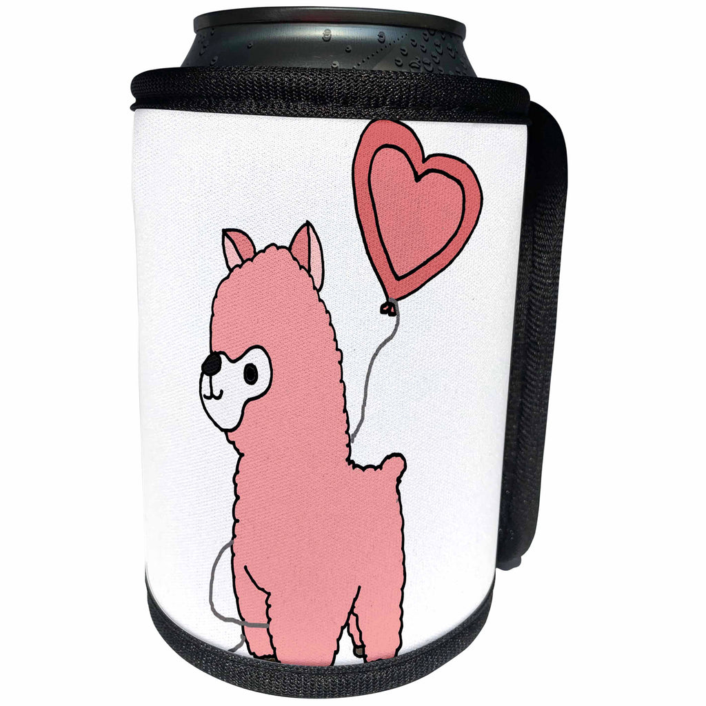 3dRose All Smiles Art Animals - Funny Cute Pink Alpaca with Pink Heart Balloon - Can Cooler Bottle Wrap (cc_288130)