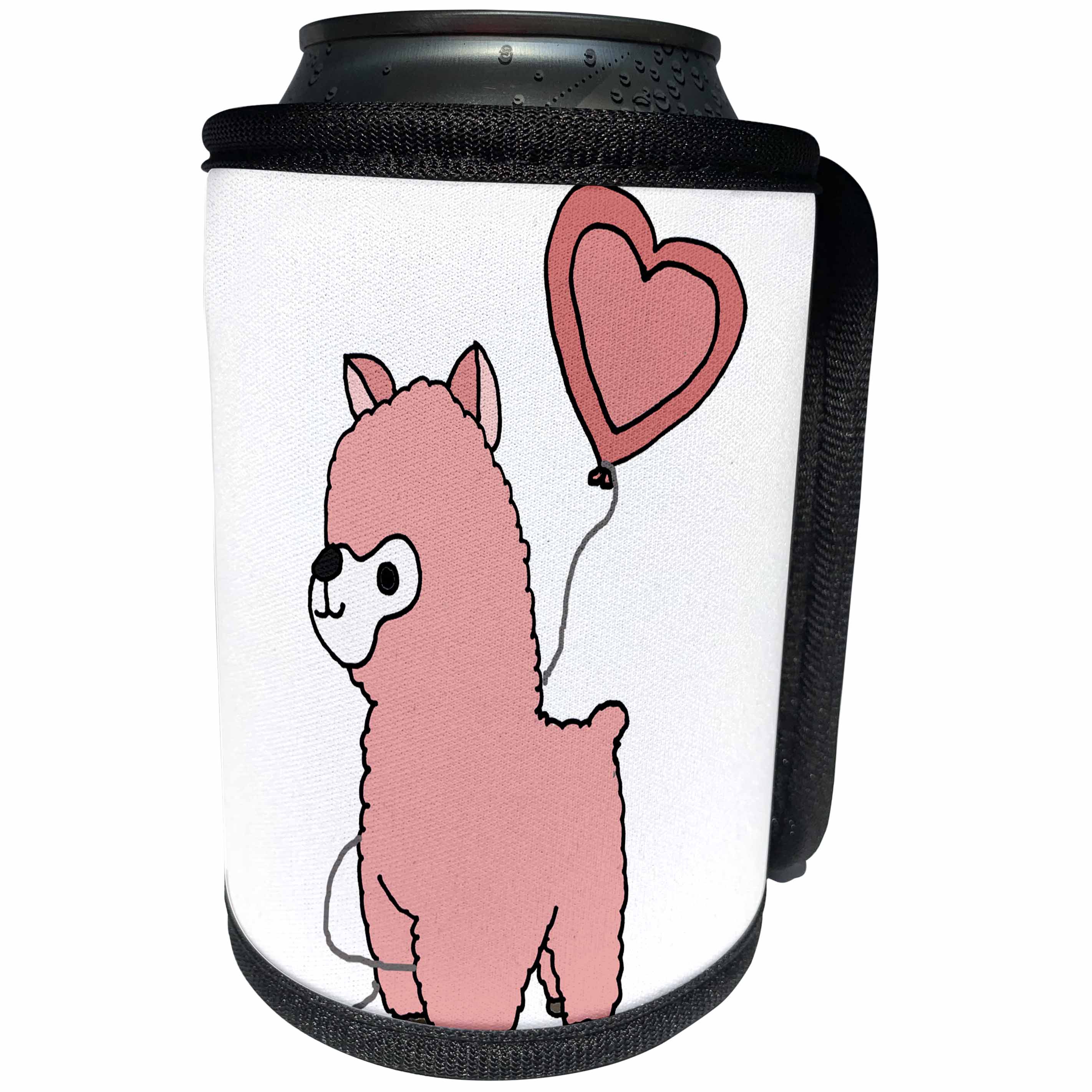 3dRose All Smiles Art Animals - Funny Cute Pink Alpaca with Pink Heart Balloon - Can Cooler Bottle Wrap (cc_288130)