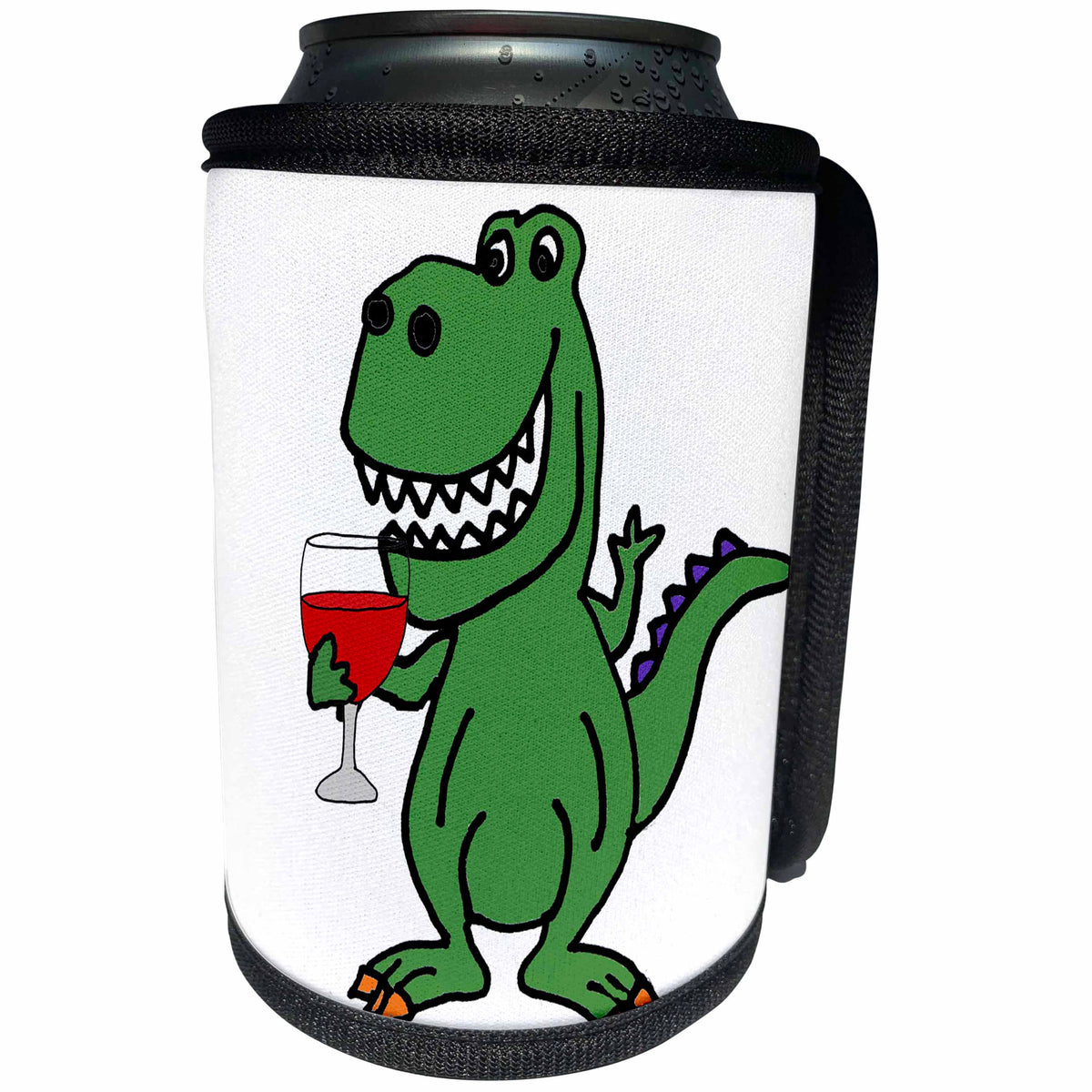 3dRose All Smiles Art Dinosaurs - Cute Funny Green T-rex Dinosaur Drinking Wine Cartoon - Can Cooler Bottle Wrap (cc_288135)