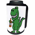 3dRose All Smiles Art Dinosaurs - Cute Funny Green T-rex Dinosaur Drinking Beer Cartoon - Can Cooler Bottle Wrap (cc_288136)