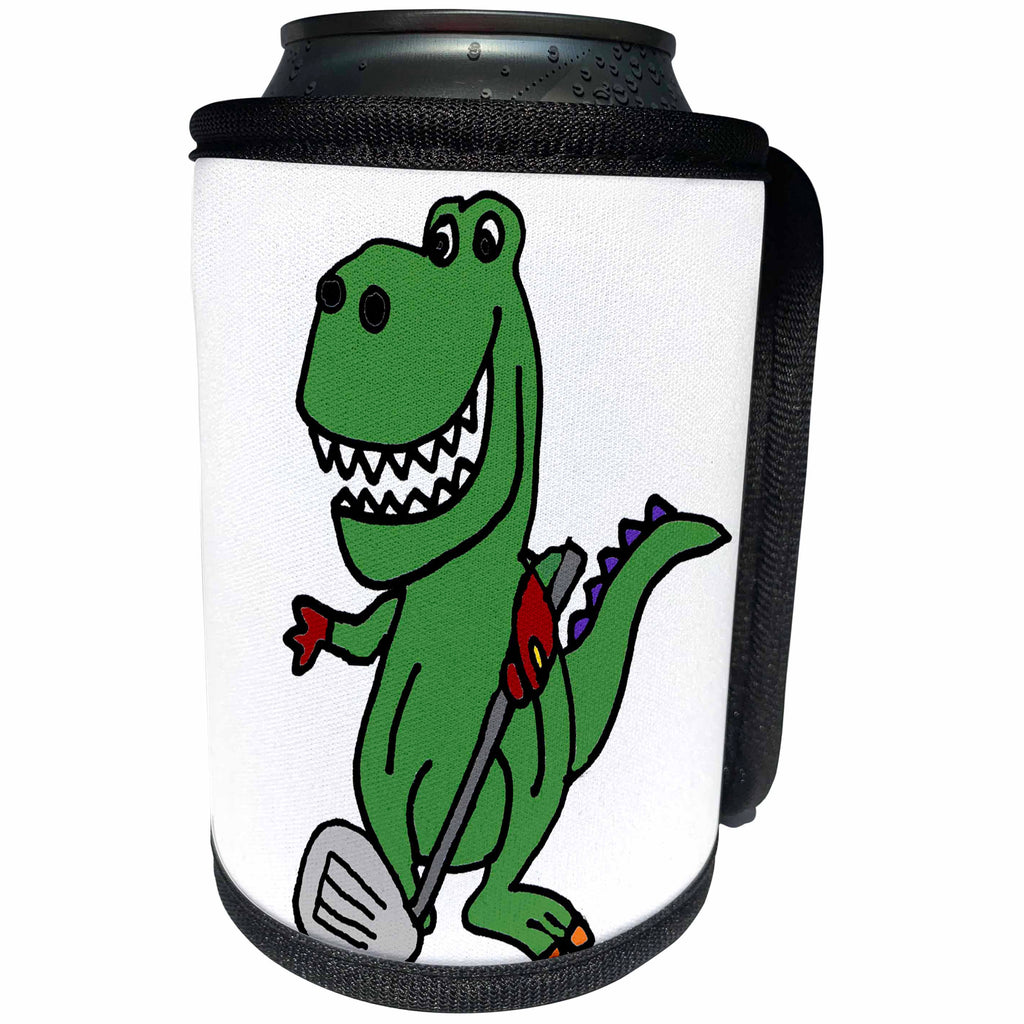 3dRose All Smiles Art Dinosaurs - Cute Funny Green T-rex Dinosaur Playing Golf Cartoon - Can Cooler Bottle Wrap (cc_288138)