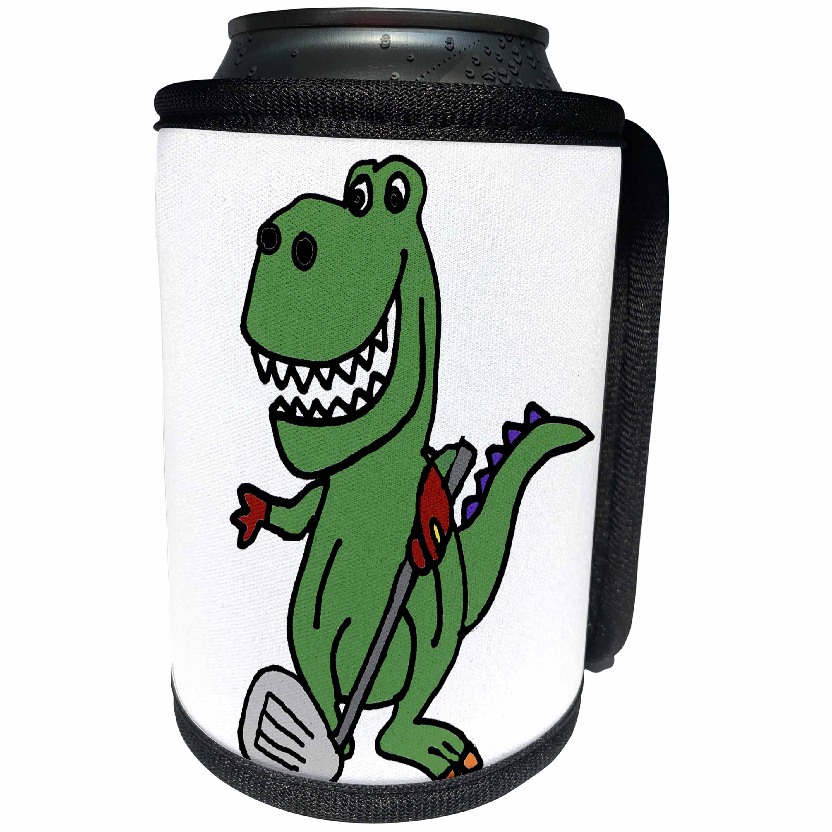3dRose All Smiles Art Dinosaurs - Cute Funny Green T-rex Dinosaur Playing Golf Cartoon - Can Cooler Bottle Wrap (cc_288138)