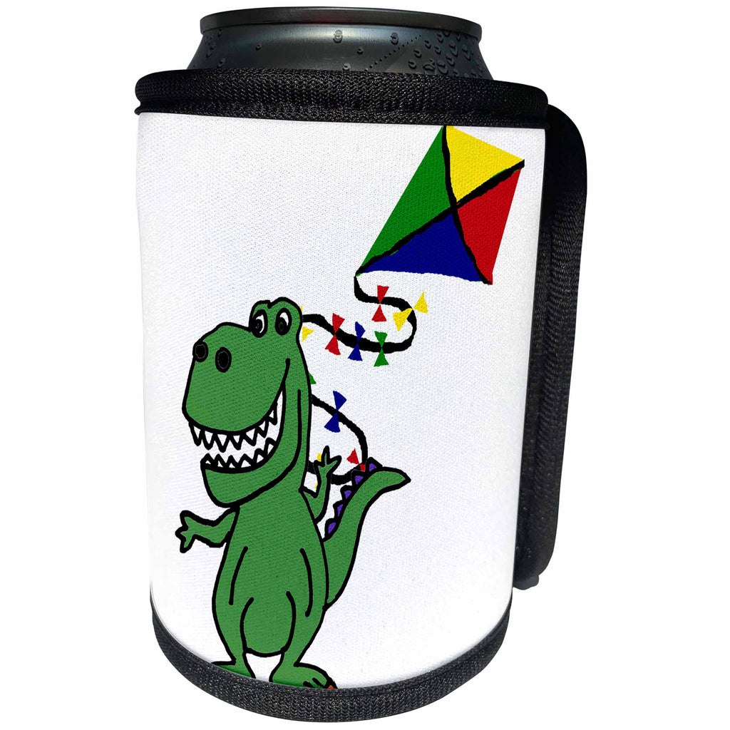 3dRose All Smiles Art Dinosaurs - Cute Funny Green T-rex Dinosaur Flying Kite Cartoon - Can Cooler Bottle Wrap (cc_288140)