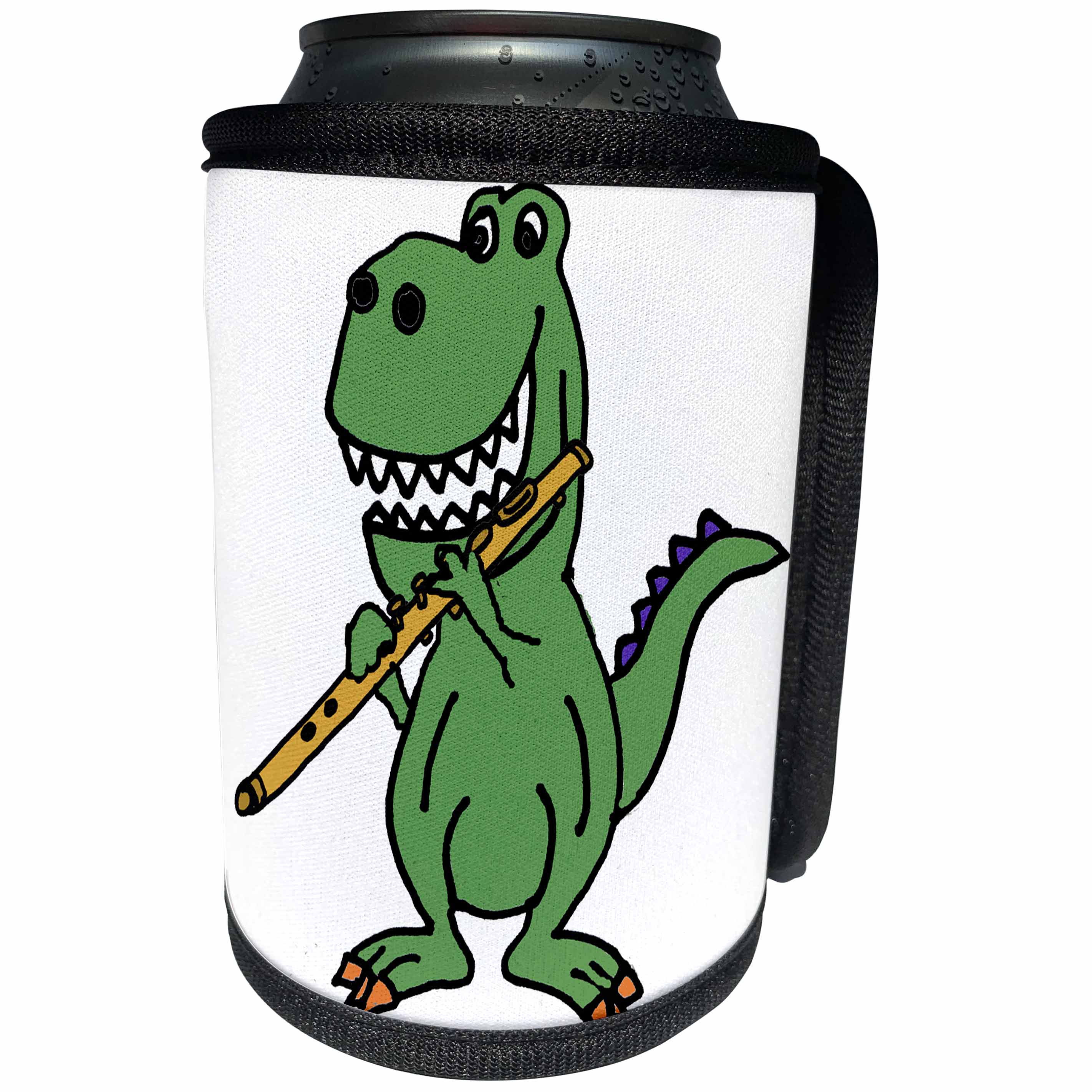 3dRose All Smiles Art Dinosaurs - Cute Funny Green T-rex Dinosaur Playing Flute Cartoon - Can Cooler Bottle Wrap (cc_288144)