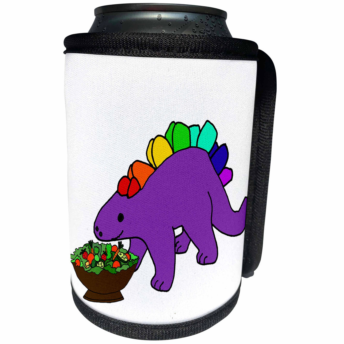 3dRose All Smiles Art Dinosaurs - Cute Funny Stegosaurus Dinosaur eating Salad Cartoon - Can Cooler Bottle Wrap (cc_288151)