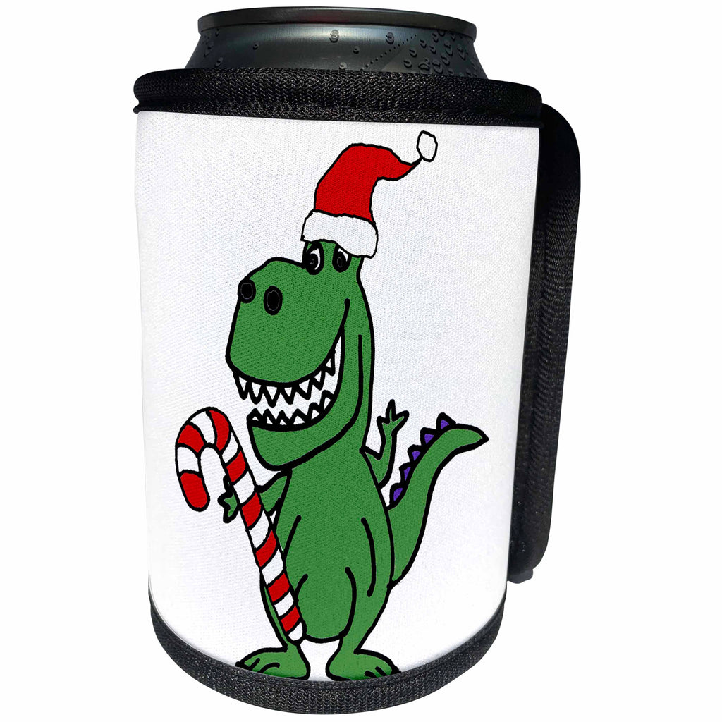 3dRose All Smiles Art Christmas - Funny Green T-rex Dinosaur in Santa hat Christmas Cartoon - Can Cooler Bottle Wrap (cc_288158)