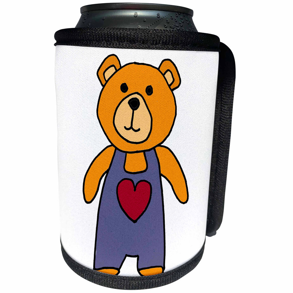 3dRose All Smiles Art Animals - Funny Orange Teddy Bear wearing Overalls Cartoon - Can Cooler Bottle Wrap (cc_288159)