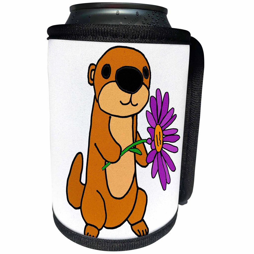 3dRose All Smiles Art Animals - Funny Cute Baby Sea Otter with Purple Daisy Flower Cartoon - Can Cooler Bottle Wrap (cc_288164)